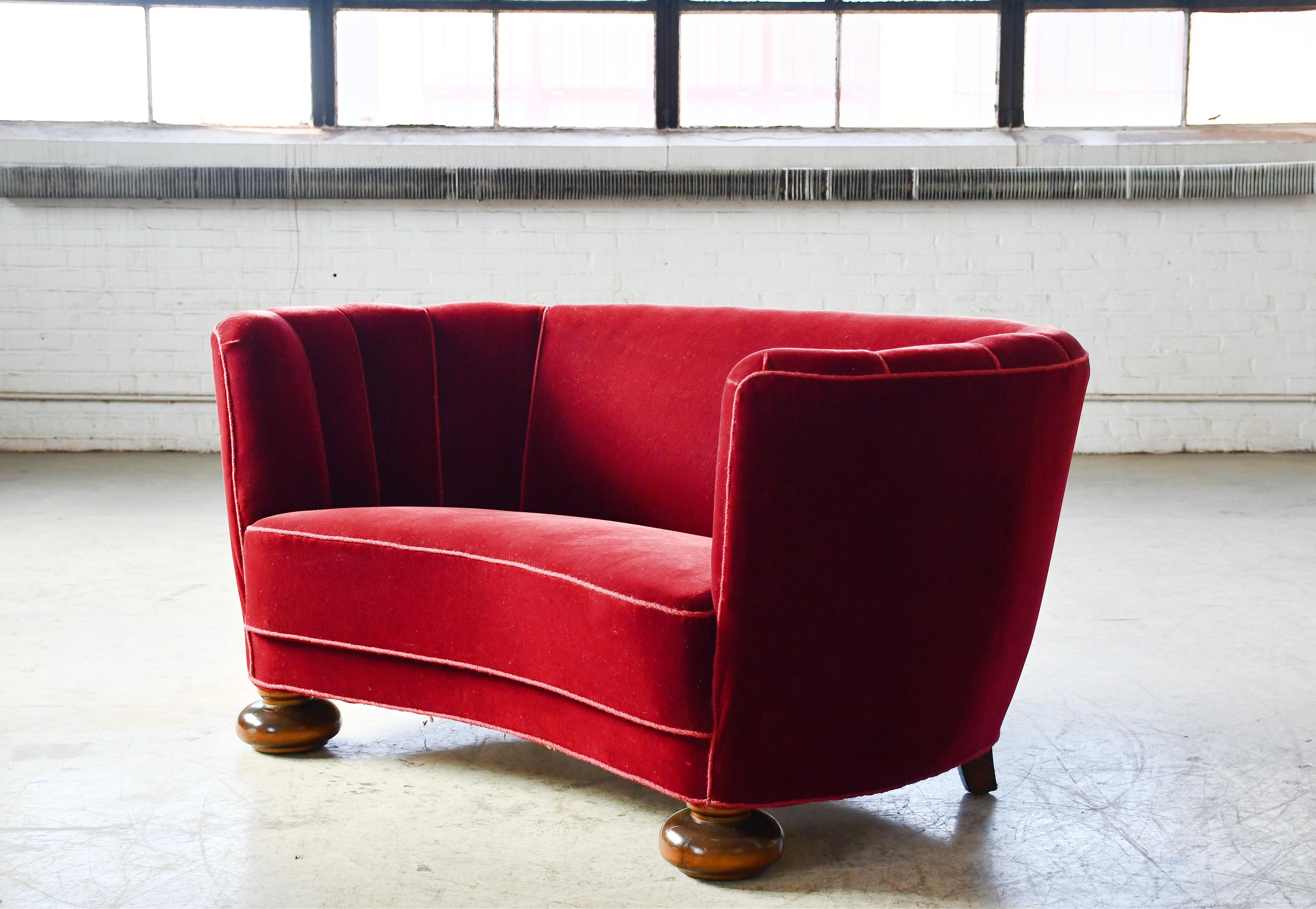 Danish 1940's Curved Loveseat or Small Sofa in Red Mohair In Good Condition In Bridgeport, CT