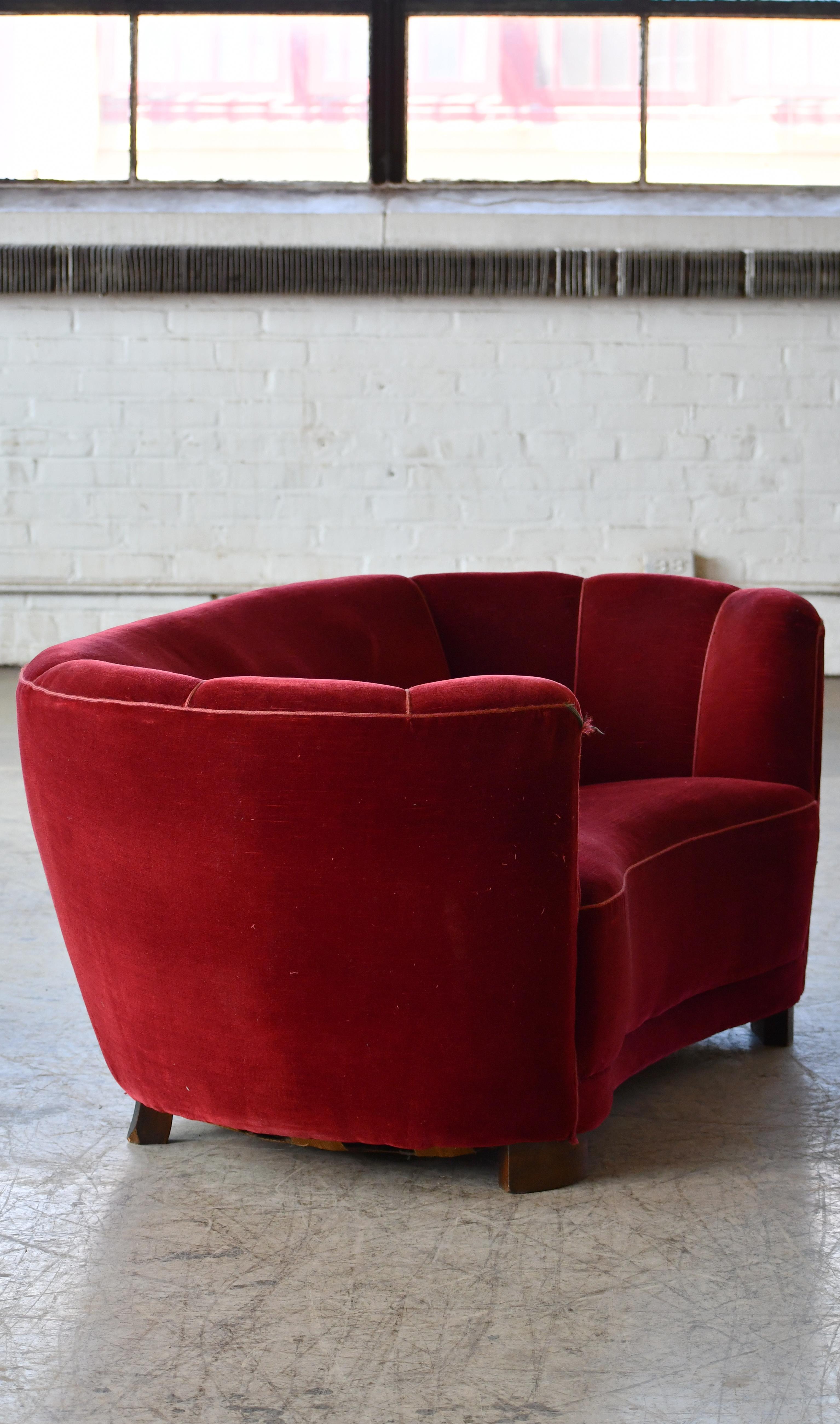 Danish 1940's Curved Loveseat or Small Sofa in Red Mohair  In Good Condition For Sale In Bridgeport, CT