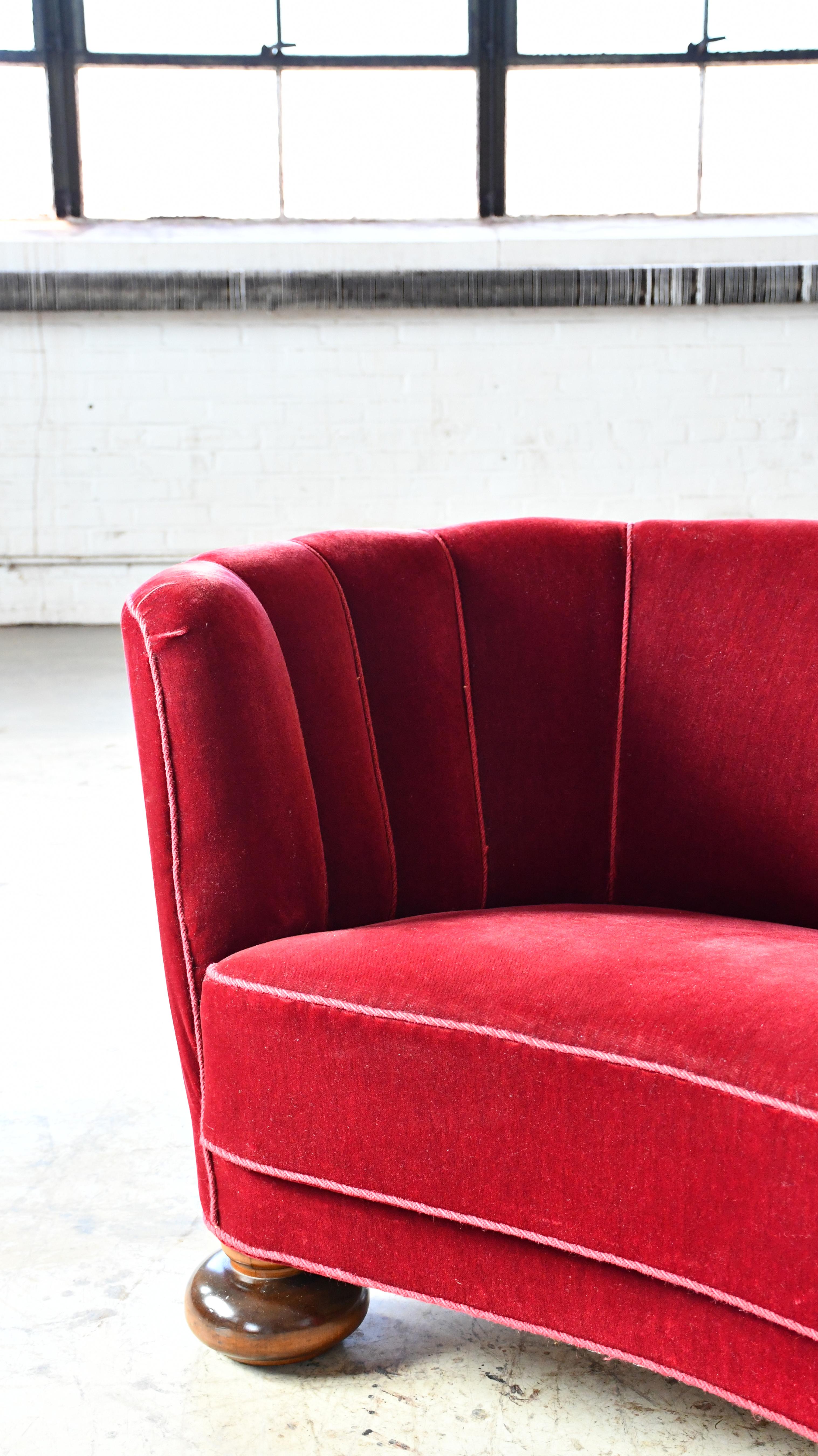 Mid-20th Century Danish 1940's Curved Loveseat or Small Sofa in Red Mohair