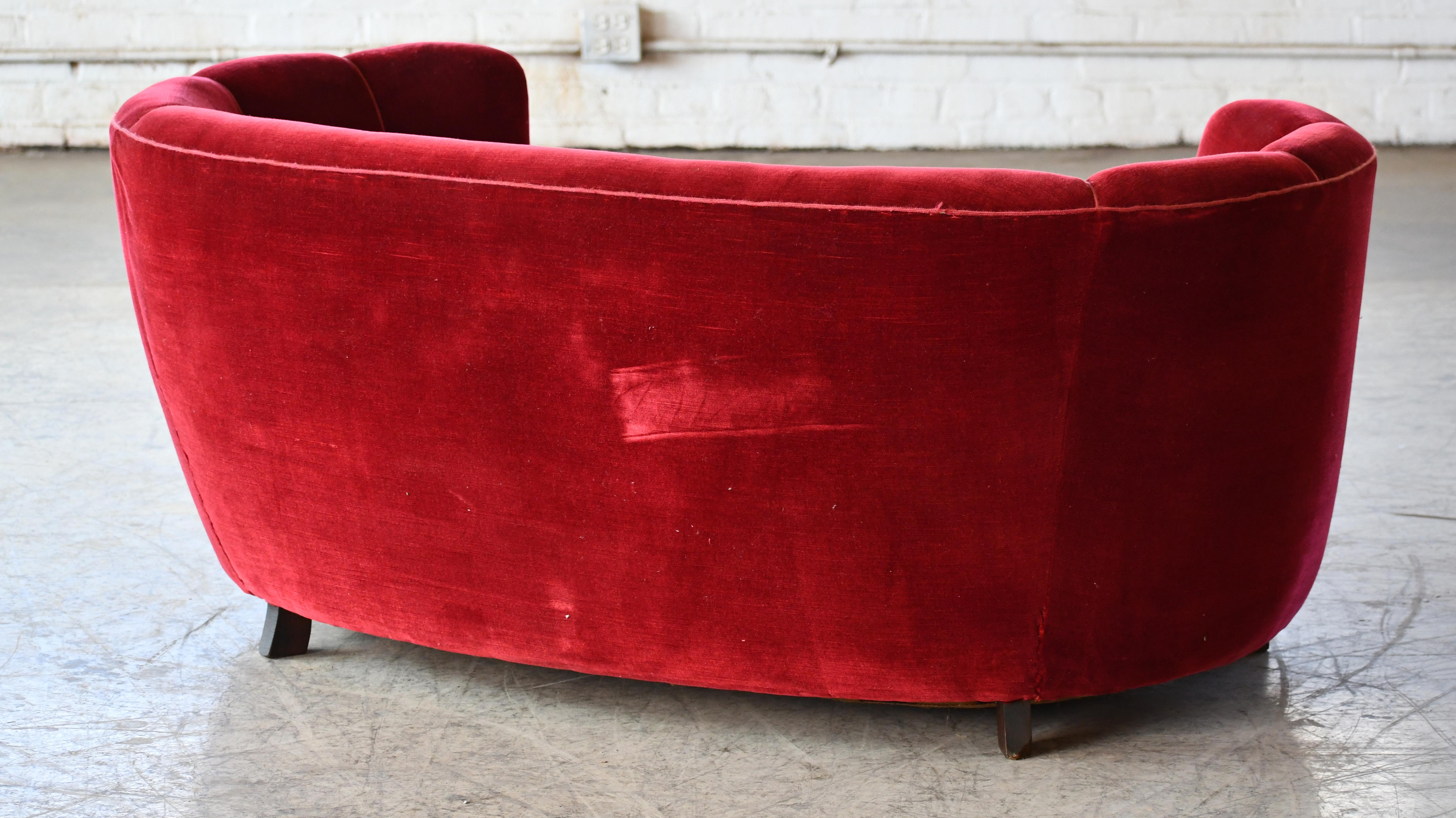 Mid-20th Century Danish 1940's Curved Loveseat or Small Sofa in Red Mohair  For Sale