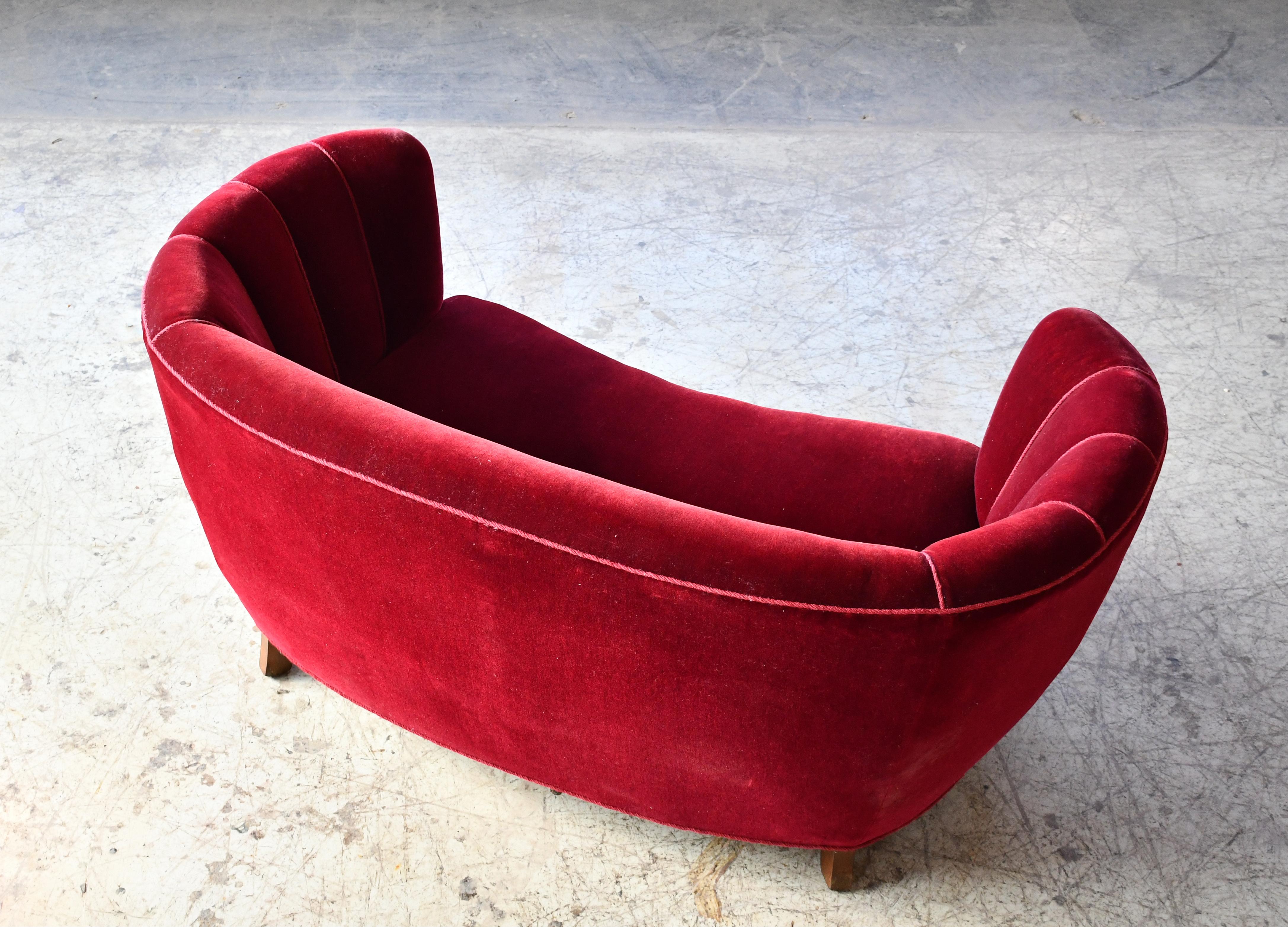 Beech Danish 1940's Curved Loveseat or Small Sofa in Red Mohair