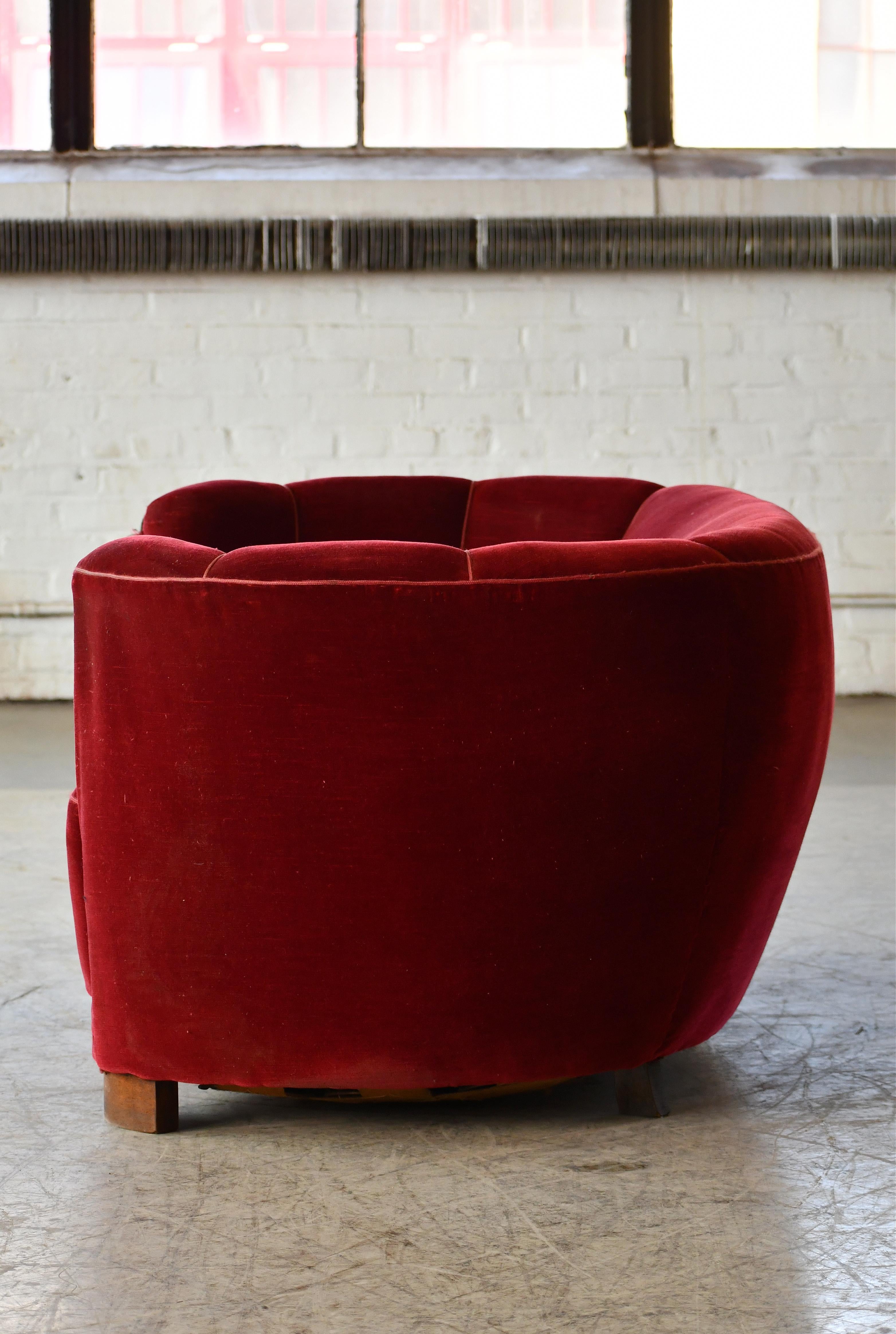 Danish 1940's Curved Loveseat or Small Sofa in Red Mohair  For Sale 1
