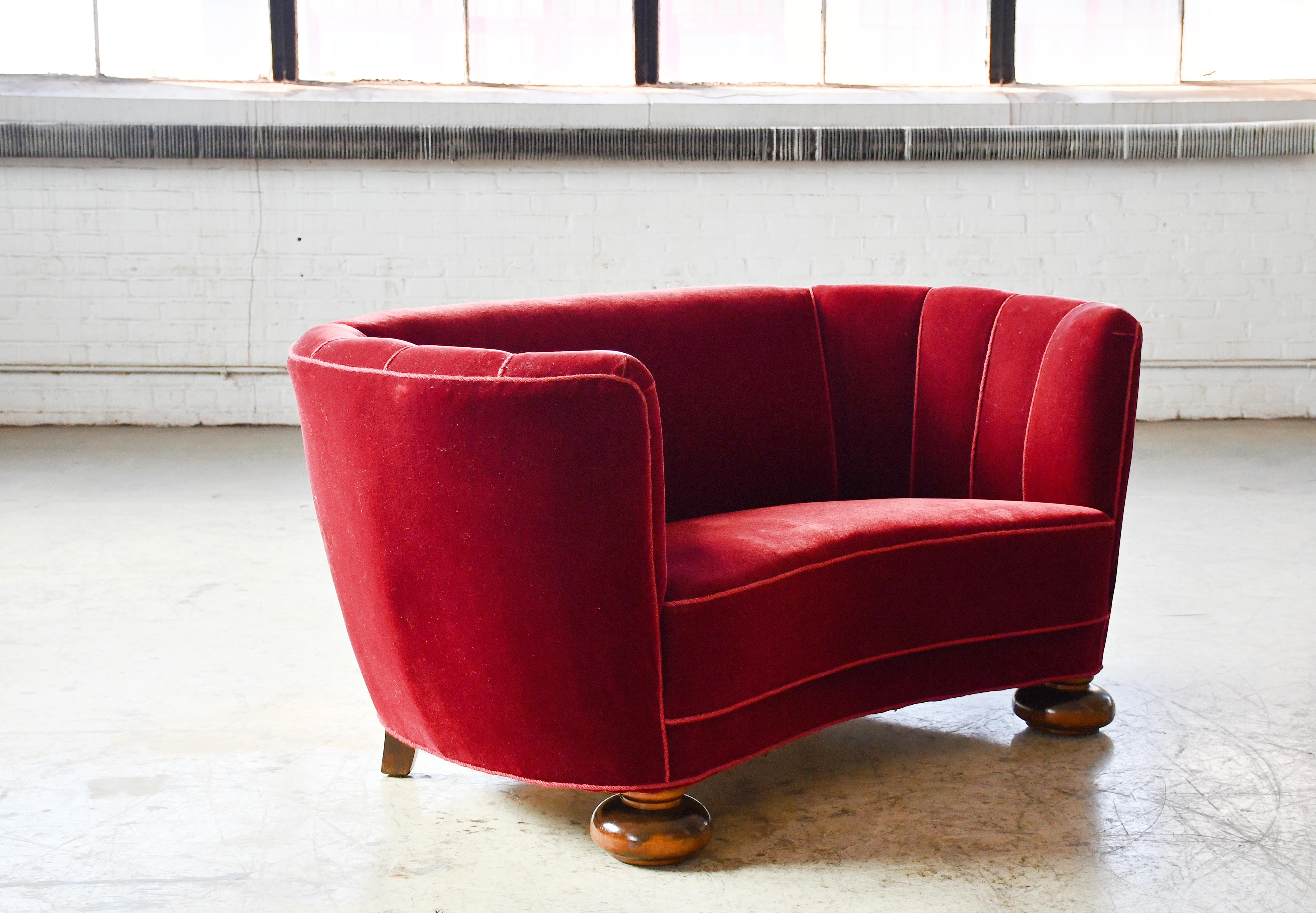 Danish 1940's Curved Loveseat or Small Sofa in Red Mohair 1