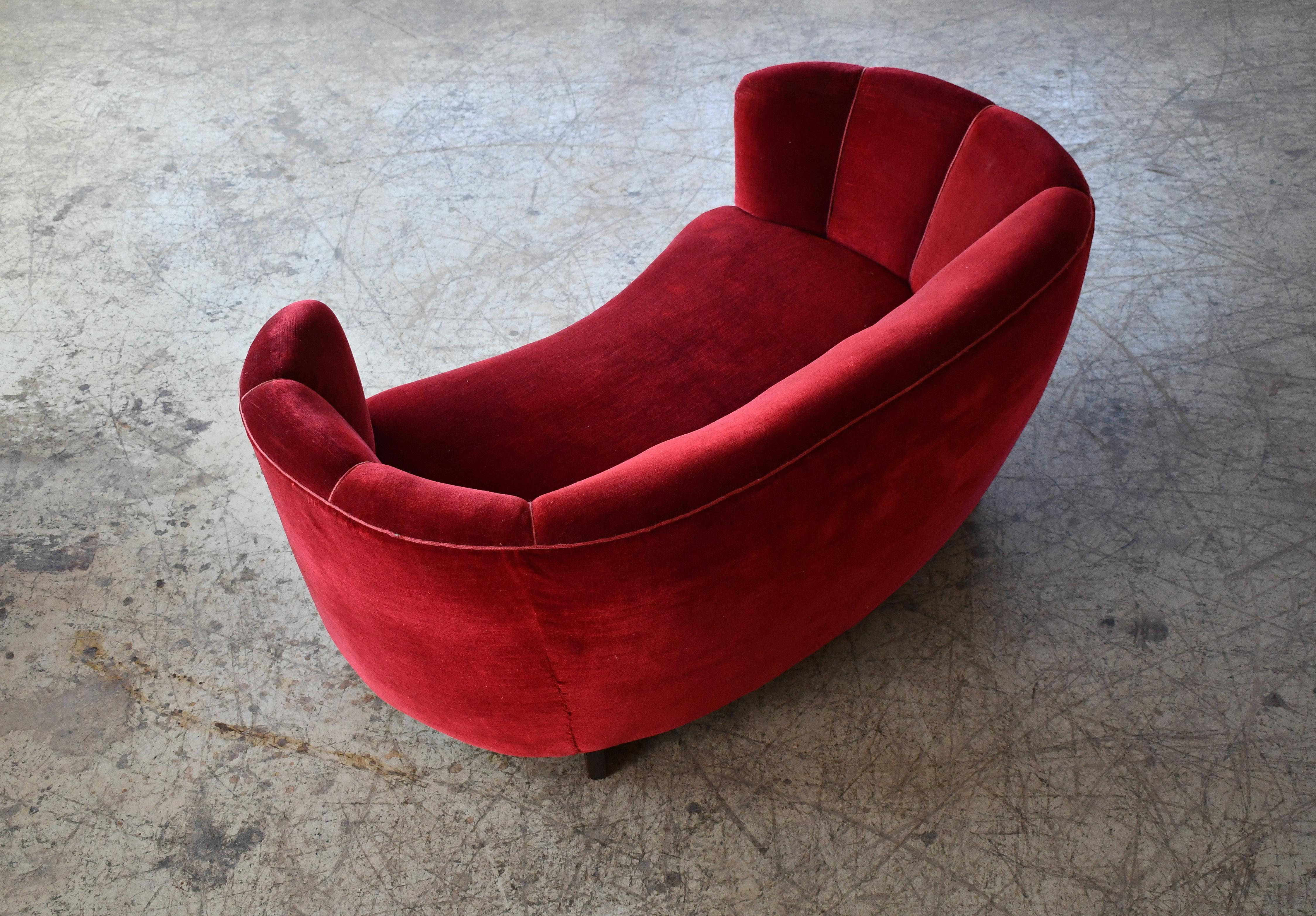 Danish 1940's Curved Loveseat or Small Sofa in Red Mohair  For Sale 2