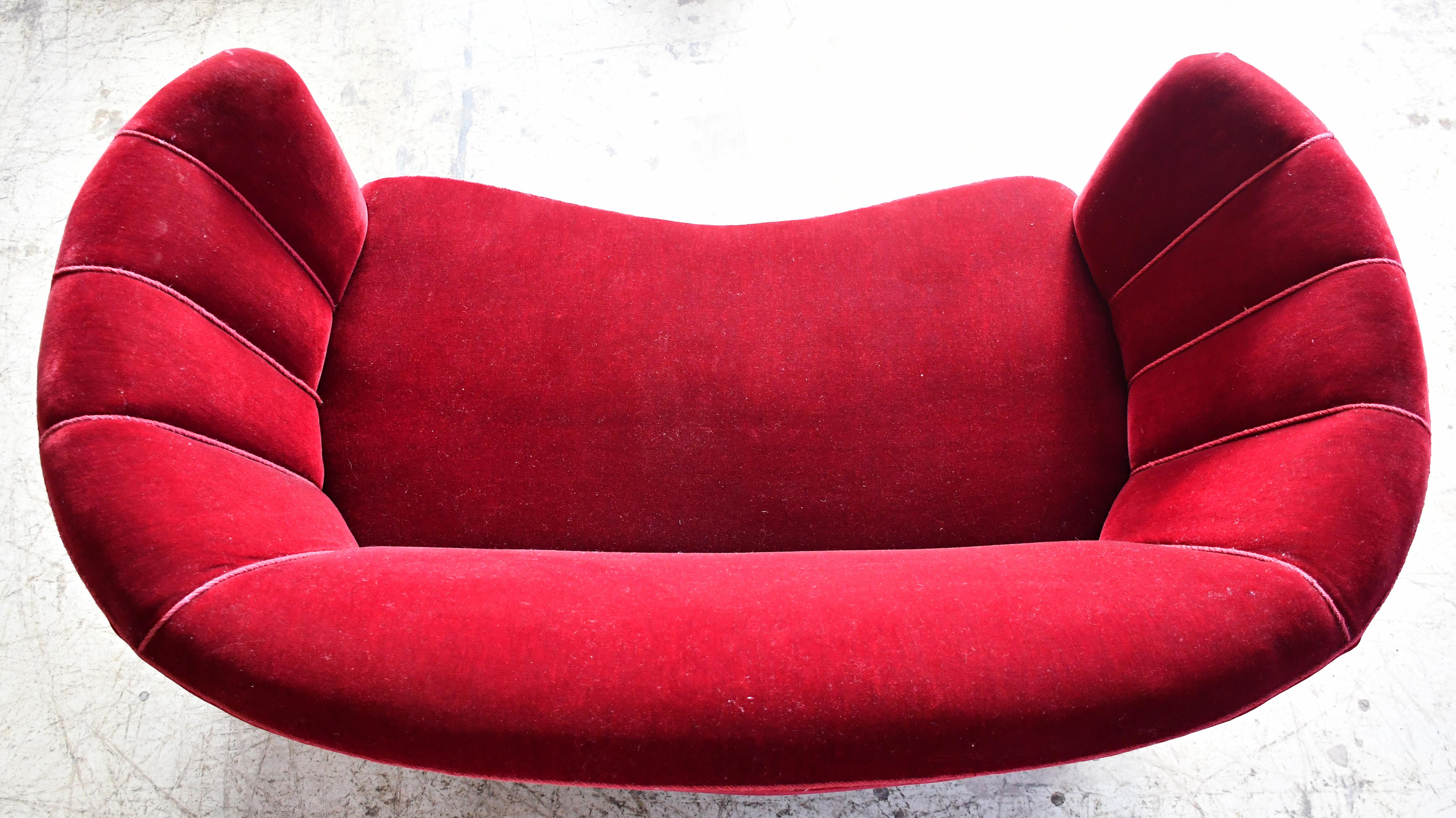 Danish 1940's Curved Loveseat or Small Sofa in Red Mohair 2