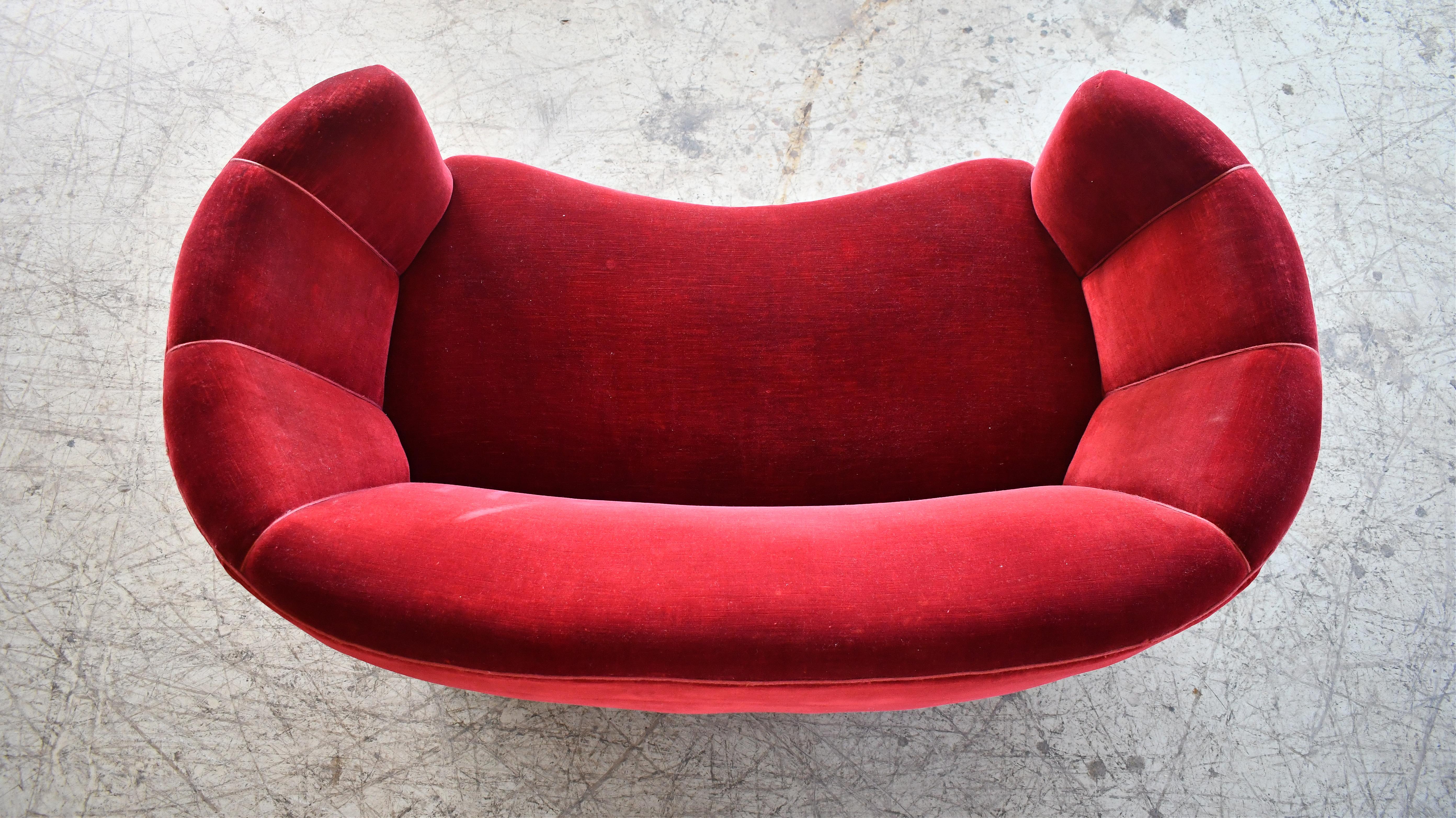 Danish 1940's Curved Loveseat or Small Sofa in Red Mohair  For Sale 3