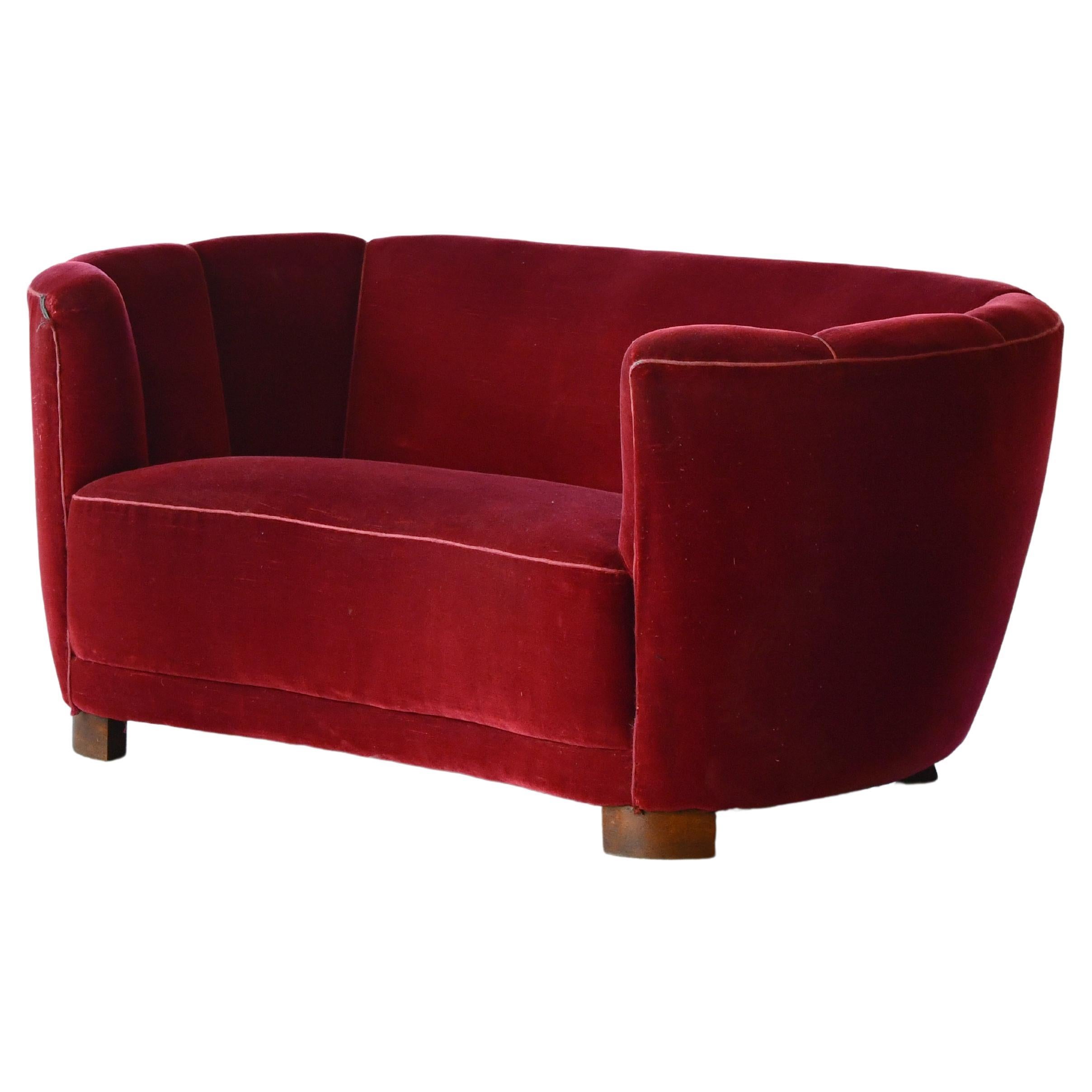 Danish 1940's Curved Loveseat or Small Sofa in Red Mohair  For Sale