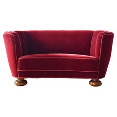 Danish 1940's Curved Loveseat or Small Sofa in Red Mohair
