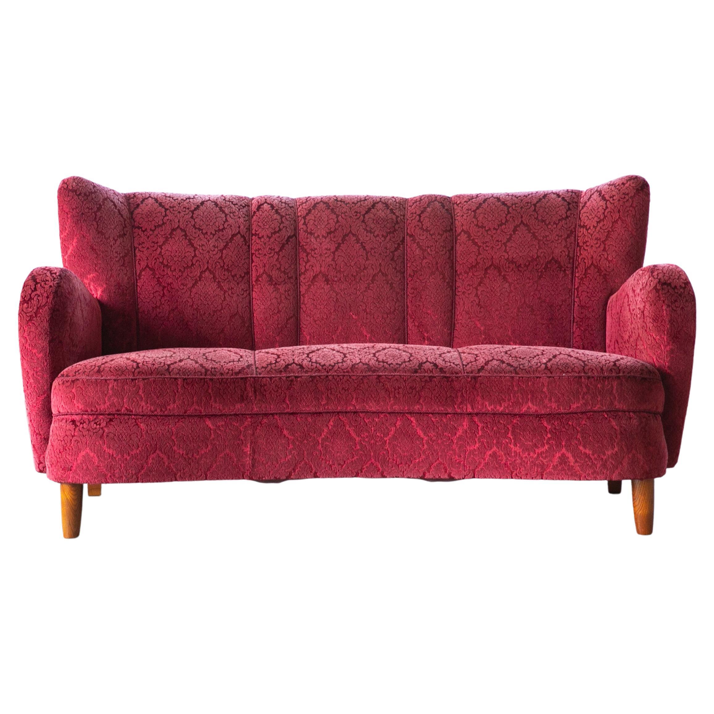 Danish 1940s Curved Sofa or Loveseat in Red Mohair