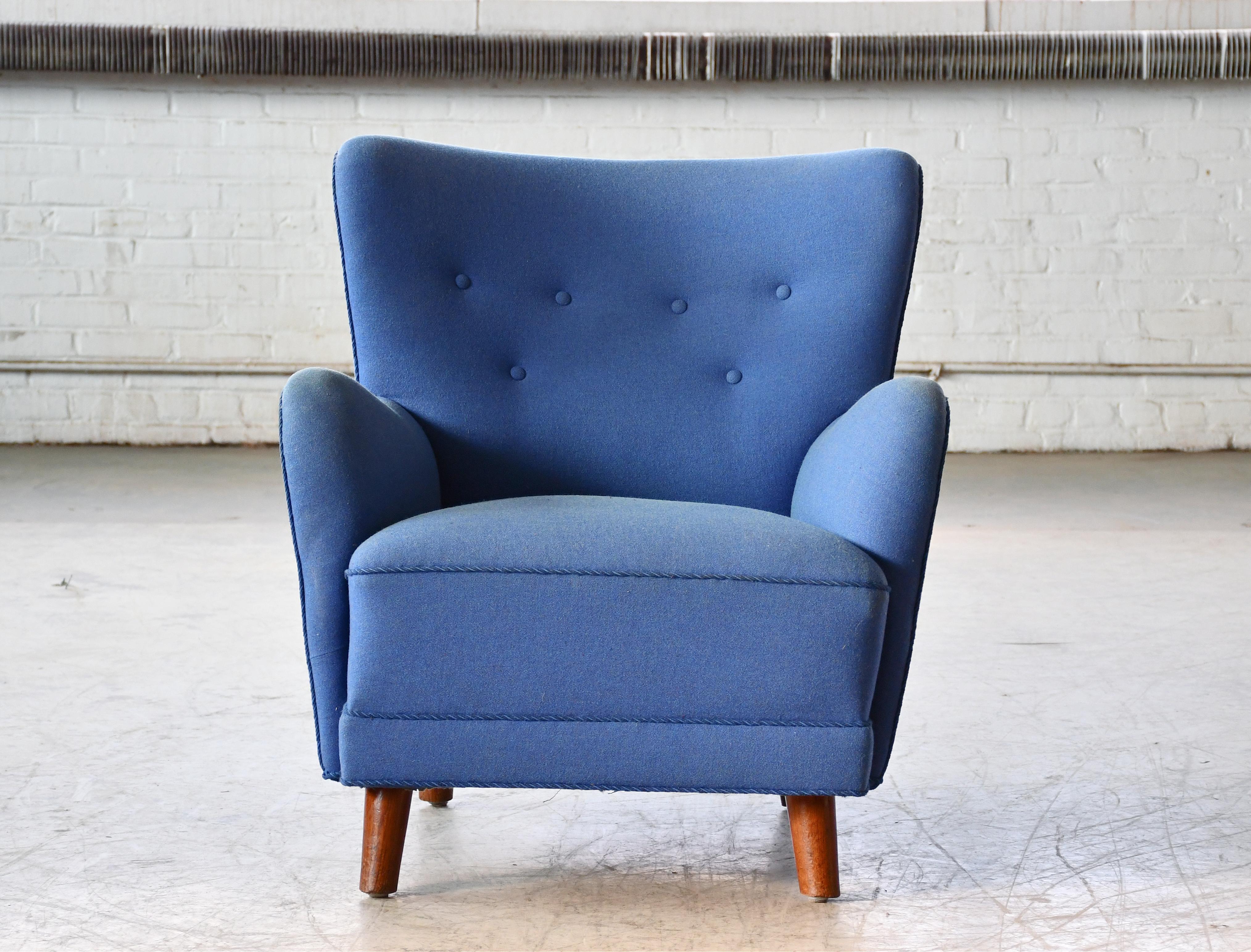 Art Deco Danish 1940s Easy Chair in Blue Wool