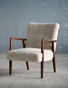 Danish 1940s Easy Chair in Grey Shearling Sheepskin and Open Wood Armrests