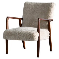 Danish 1940s Easy Chair in Grey Shearling Sheepskin and Open Wood Armrests