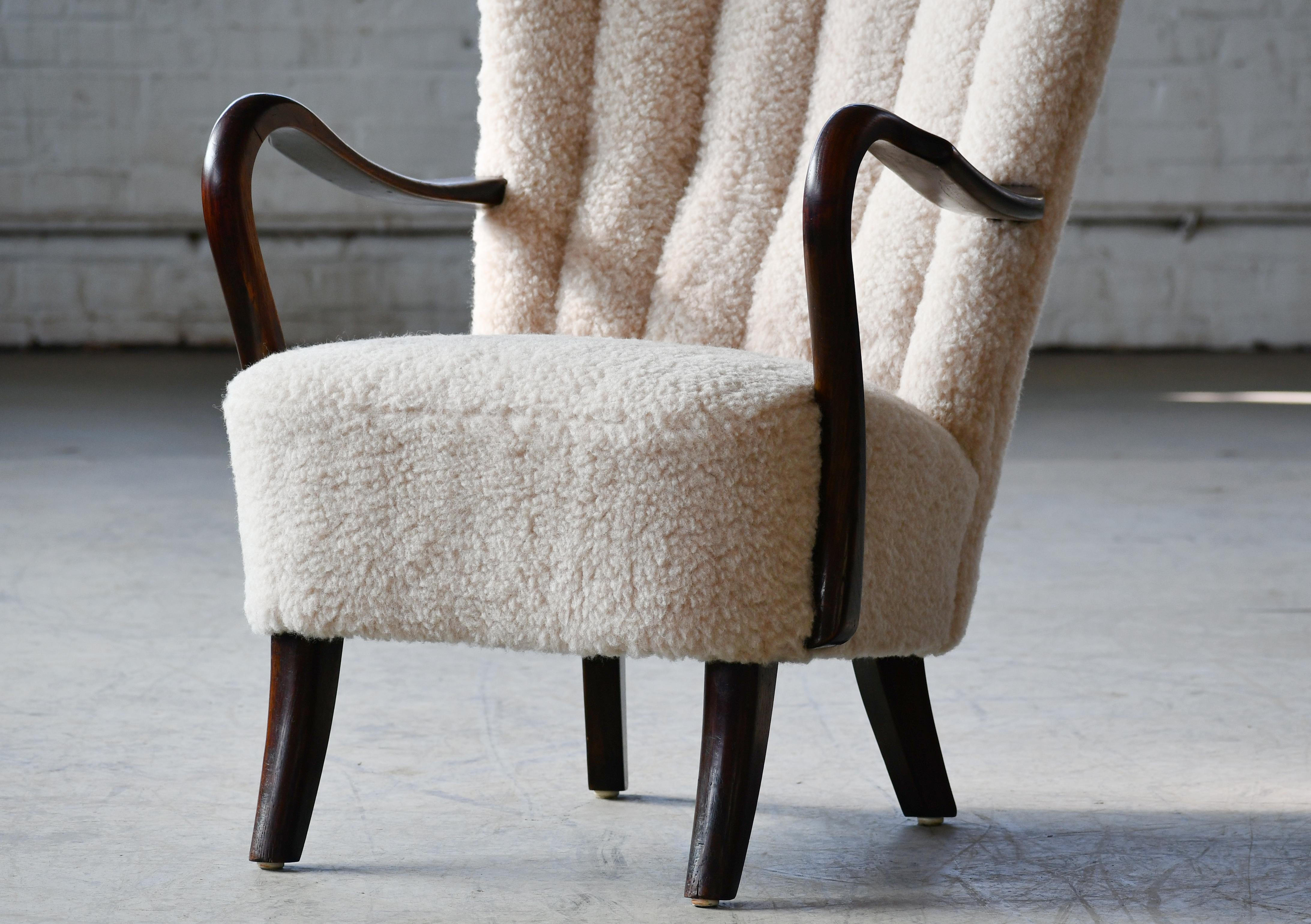 Danish 1940s Easy Chair in Lambswool with Open Armrests and Channel Back 4