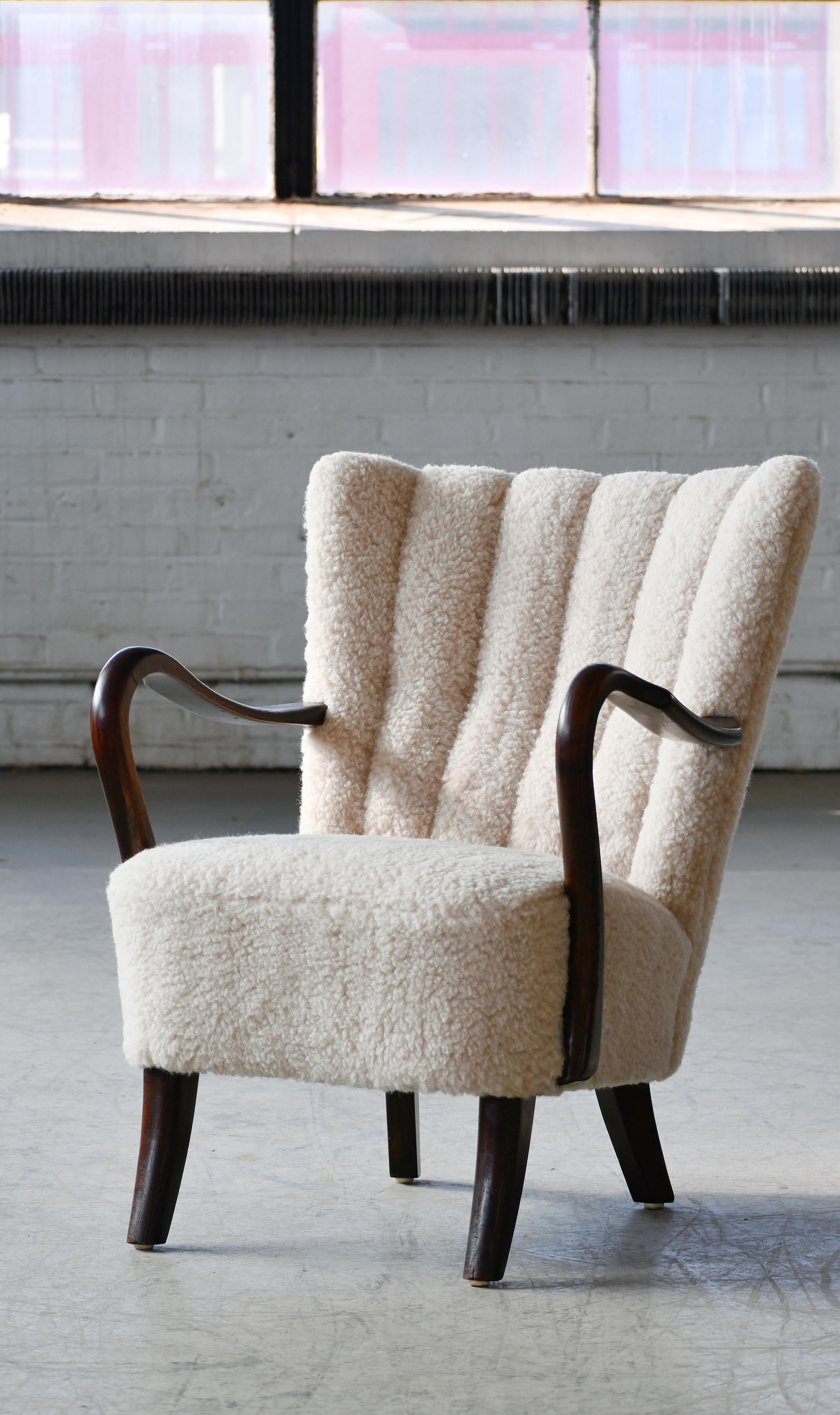 Danish 1940s Easy Chair in Lambswool with Open Armrests and Channel Back 2
