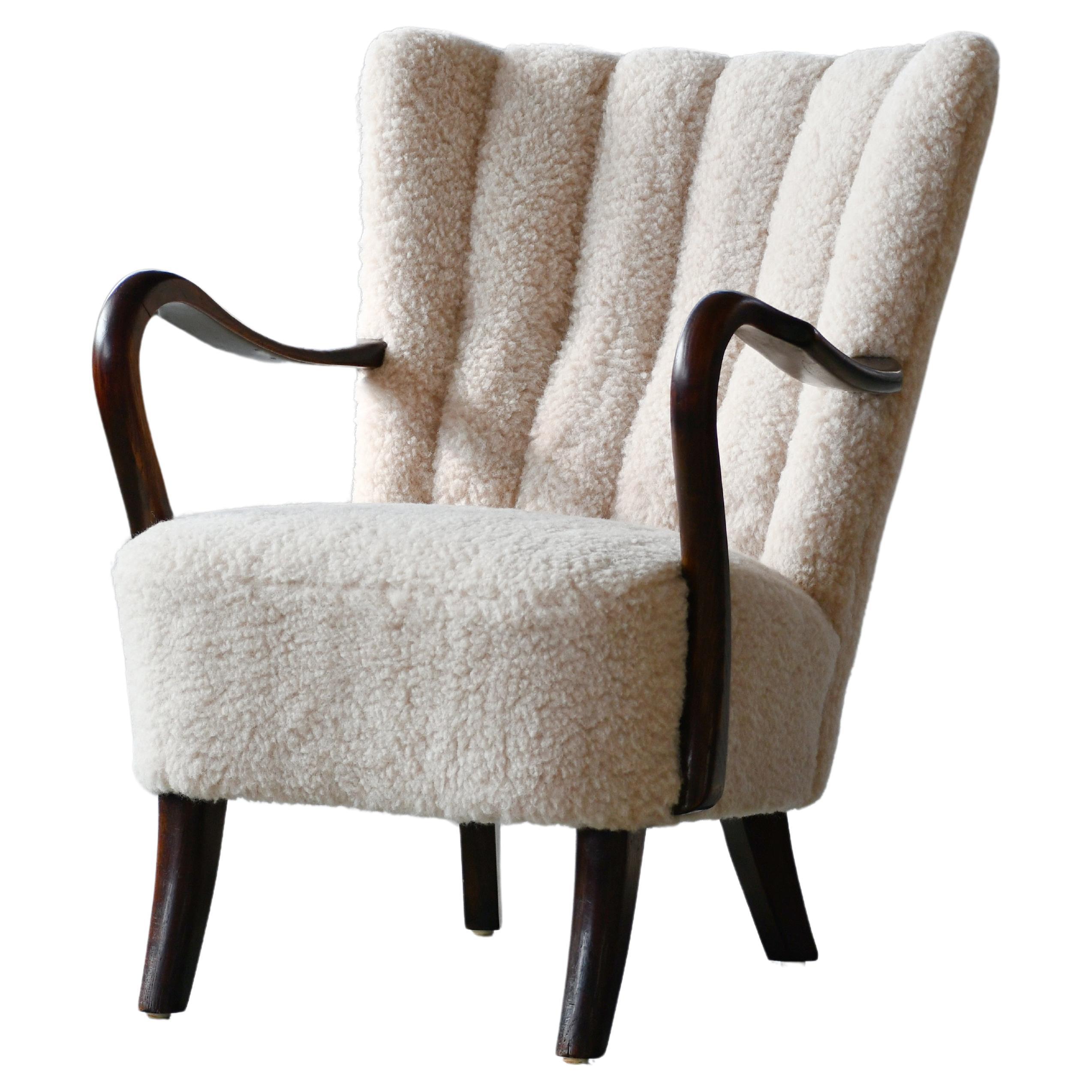 Danish 1940s Easy Chair in Lambswool with Open Armrests and Channel Back