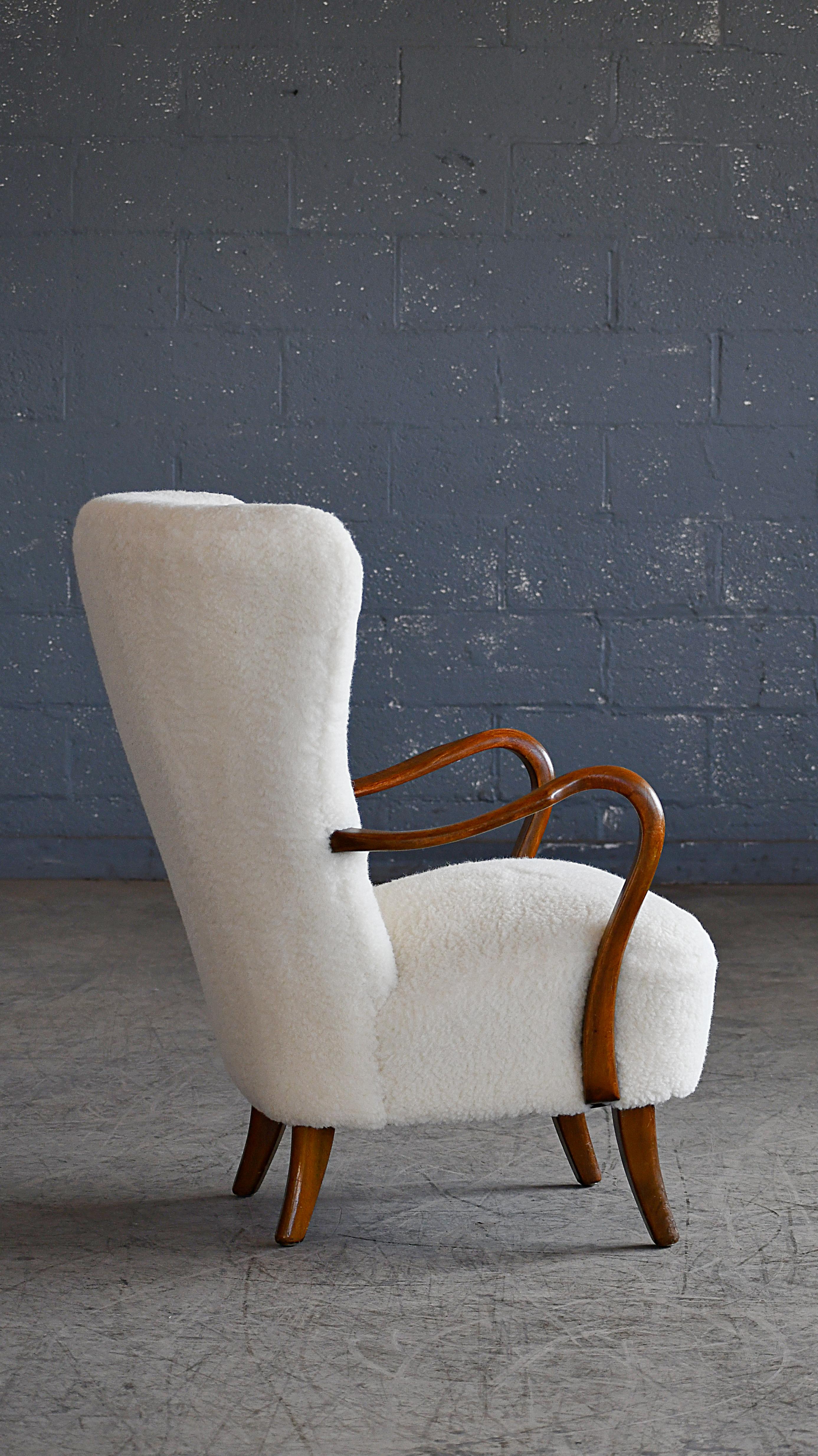 Danish 1940s Easy Chair in Lambswool with Open Armrests by Alfred Christensen 2