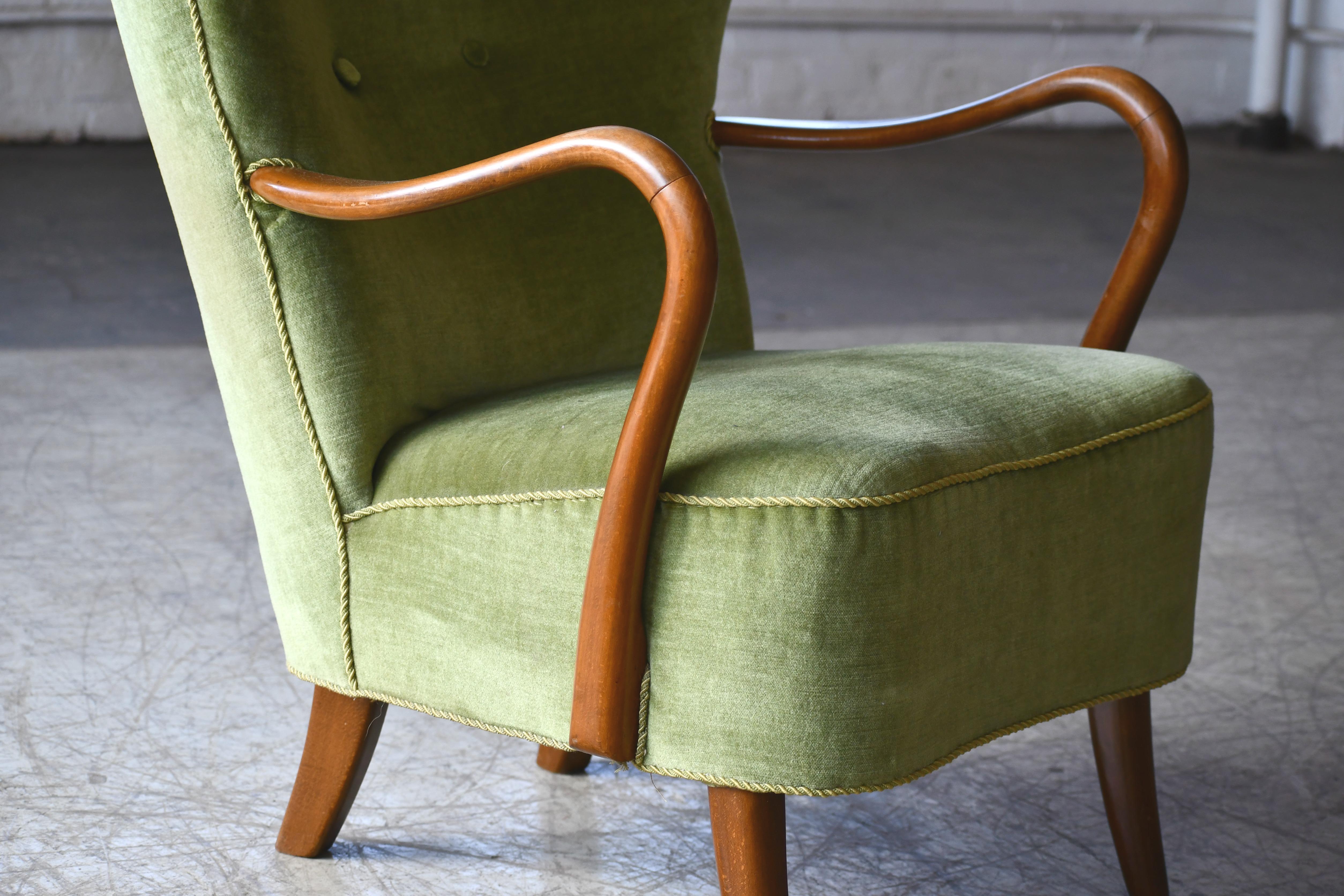 Mid-Century Modern Danish 1940s Easy Chair with Open Armrests and Mohair by Alfred Christensen