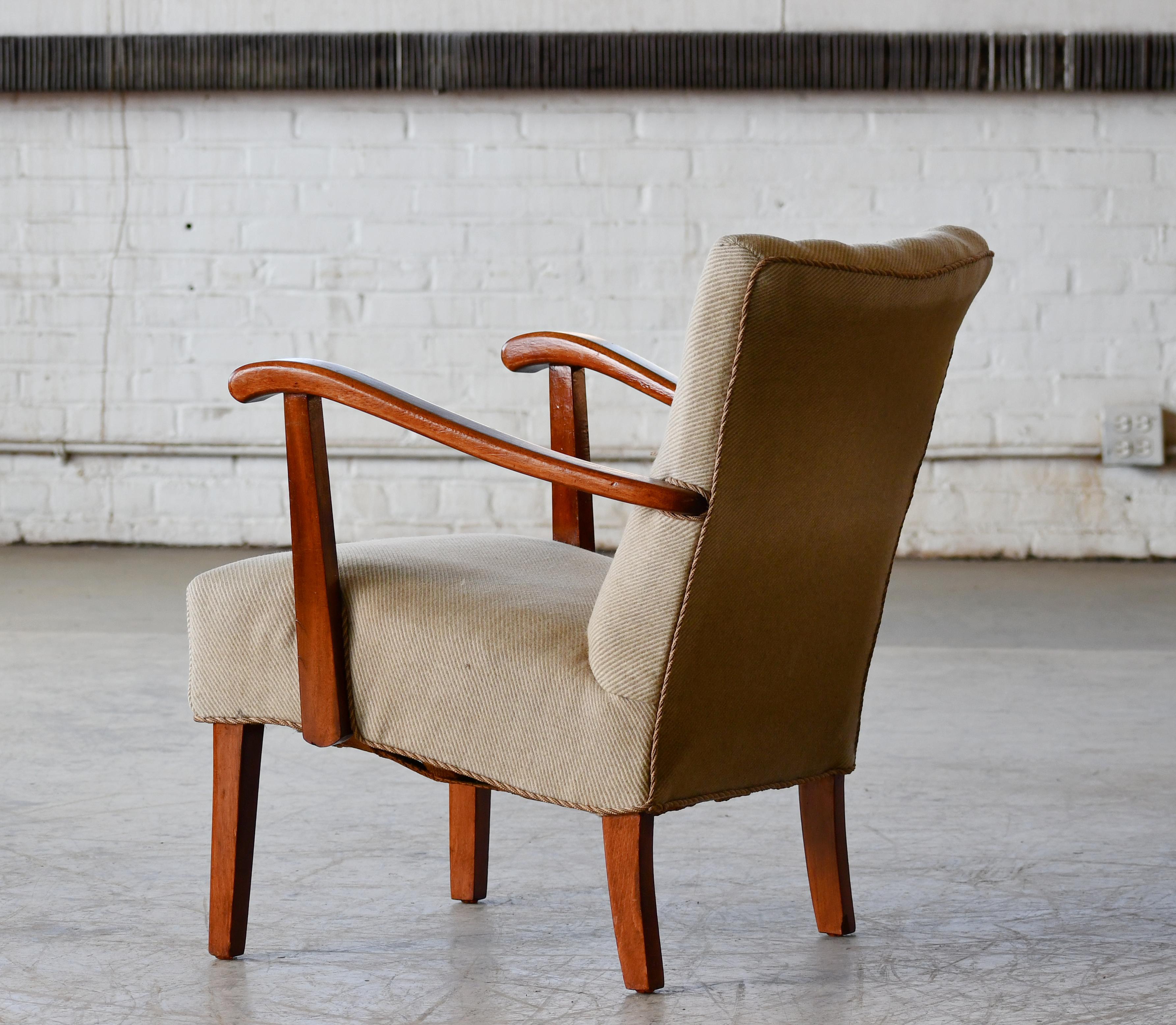 Wool Danish 1940's Easy Chair with Open Armrests In Beech