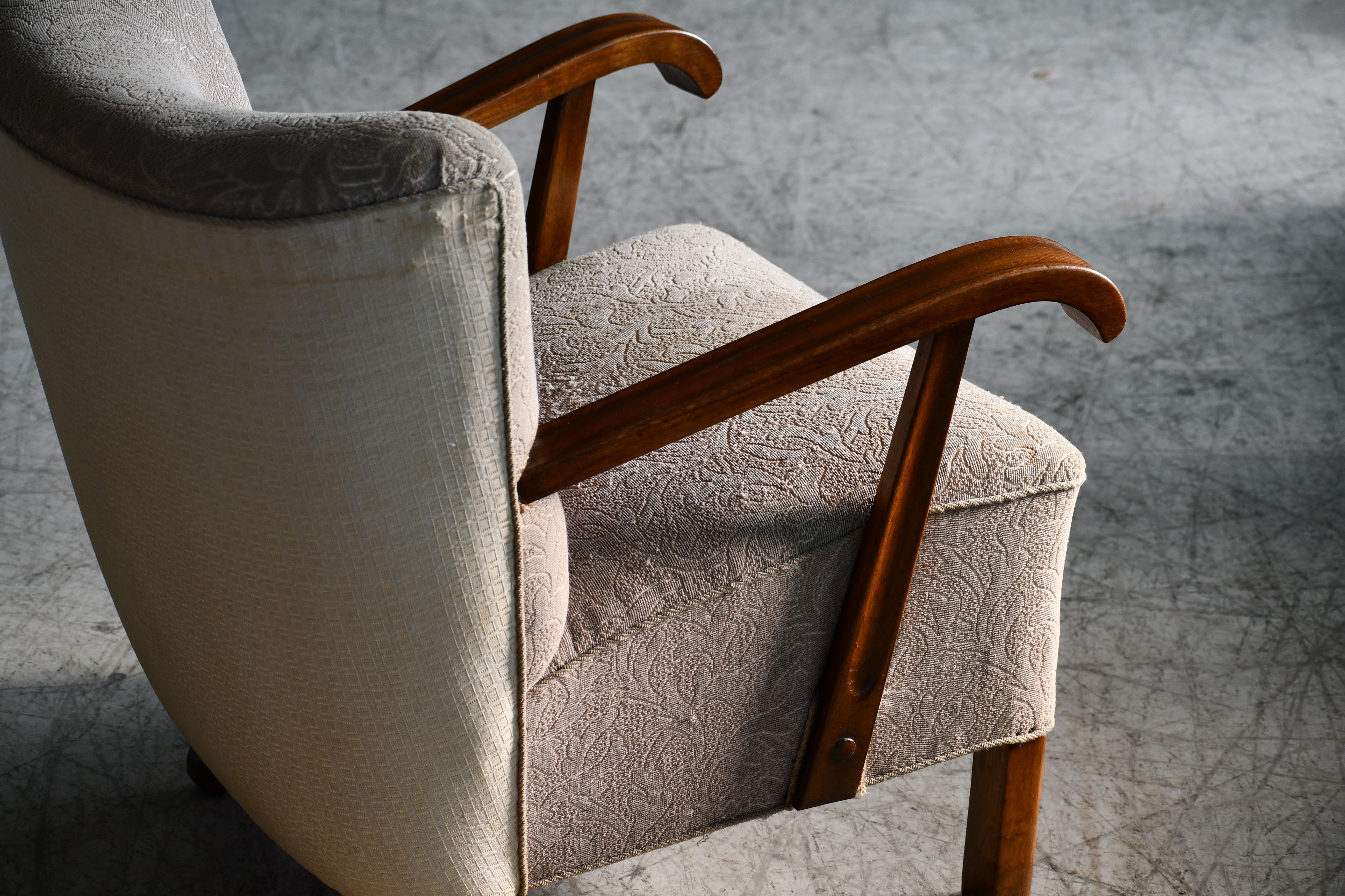Wool Danish 1940's Easy Lounge Chair by Slagelse Open Armrests in Oak  For Sale