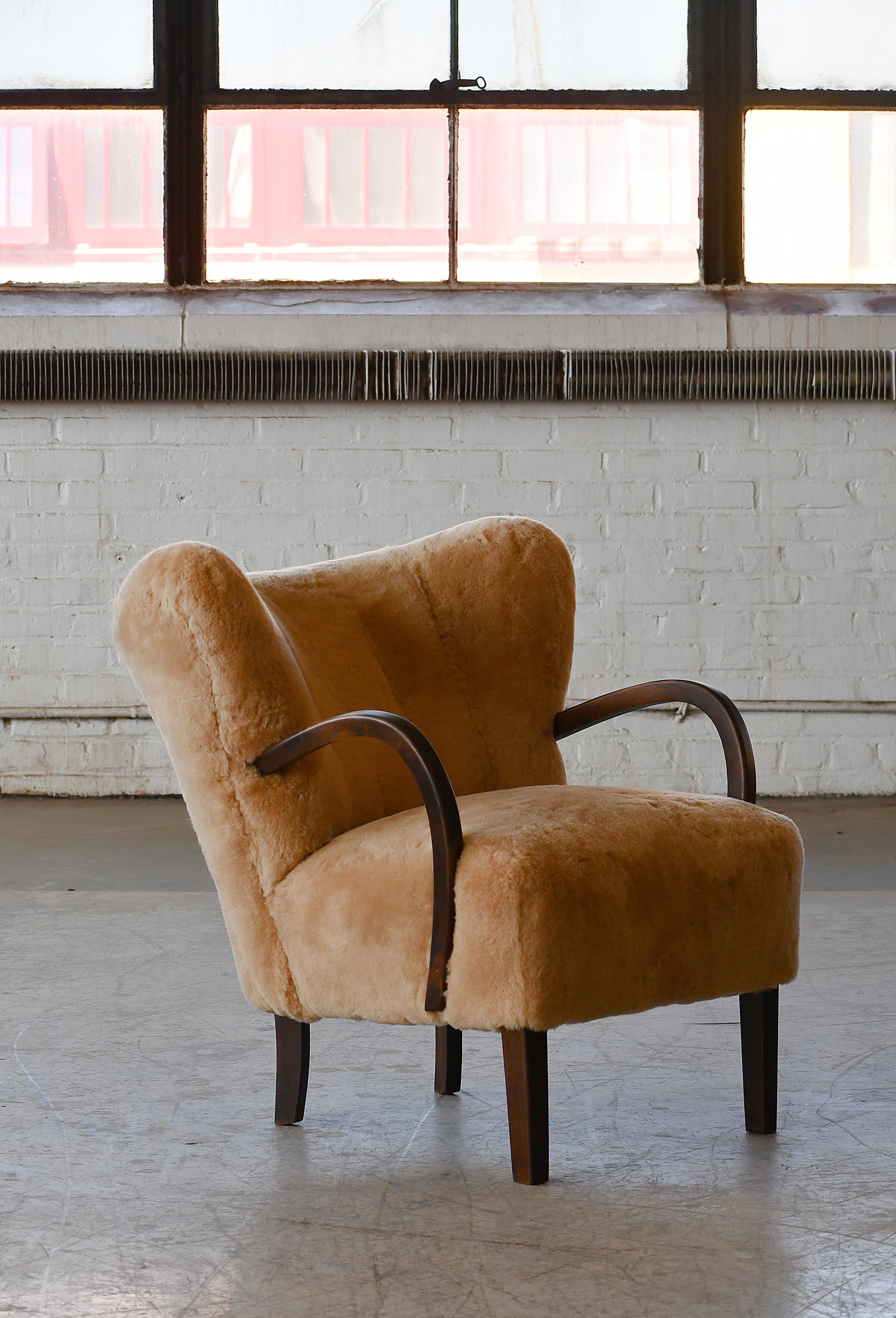 Mid-Century Modern Danish 1940's Easy Lounge Chair in Amber Sheepskin attributed to Viggo Boesen