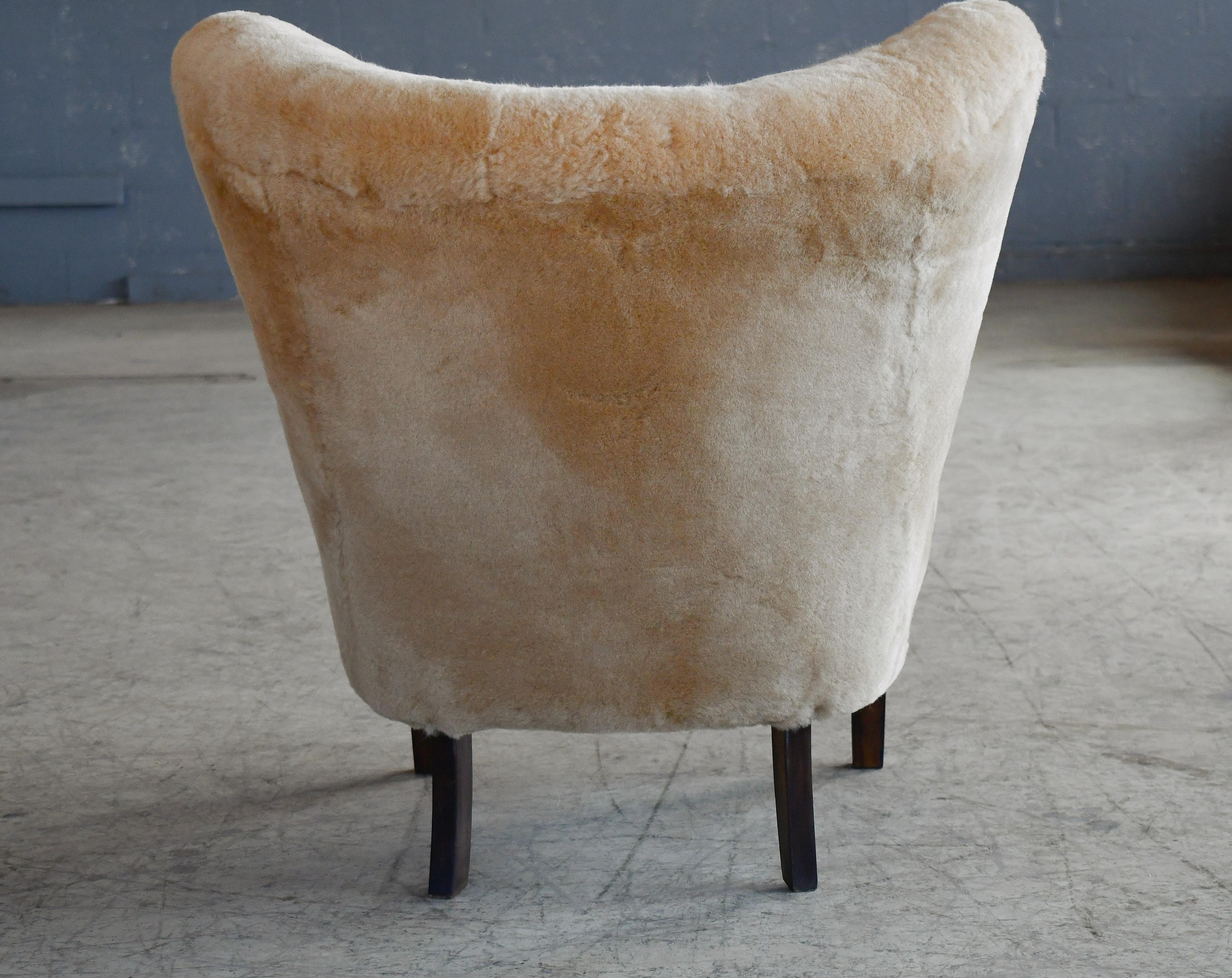 Mid-20th Century Danish 1940's Easy Lounge Chair in Amber Sheepskin attributed to Viggo Boesen