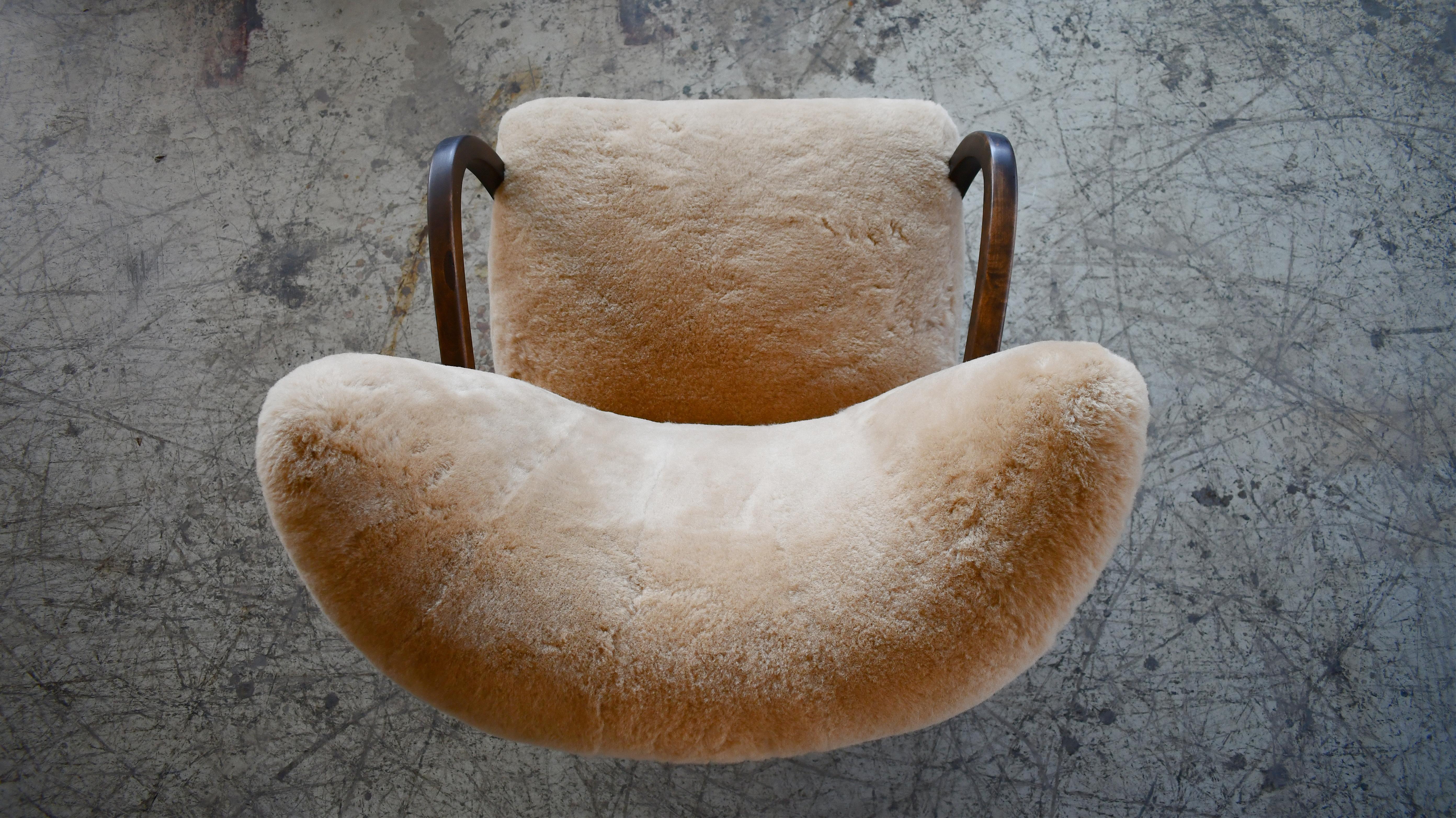 Wool Danish 1940's Easy Lounge Chair in Amber Sheepskin attributed to Viggo Boesen