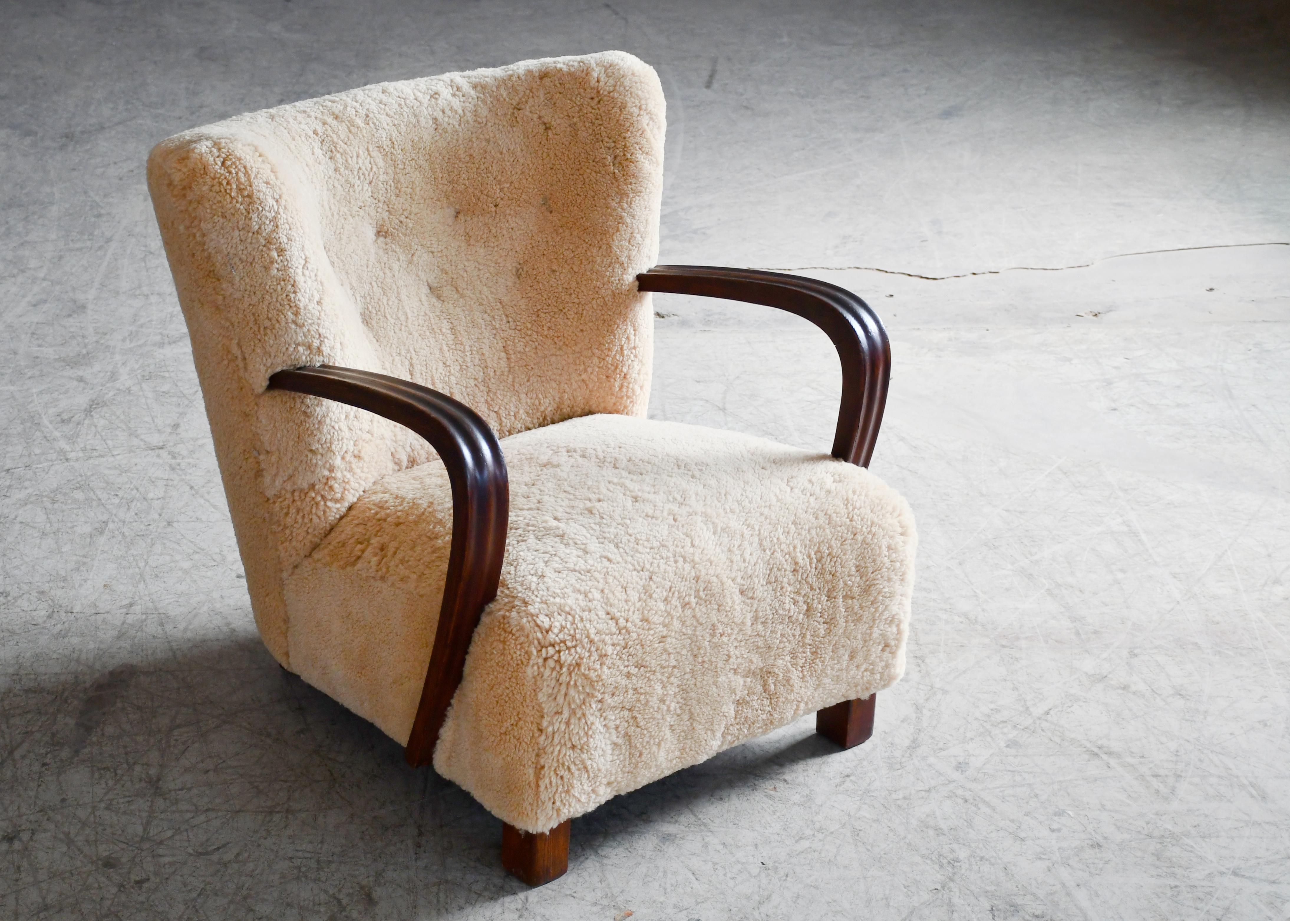 Mid-Century Modern Danish 1940's Easy Lounge Chair with Amber Shearling and Wooden Armrests For Sale
