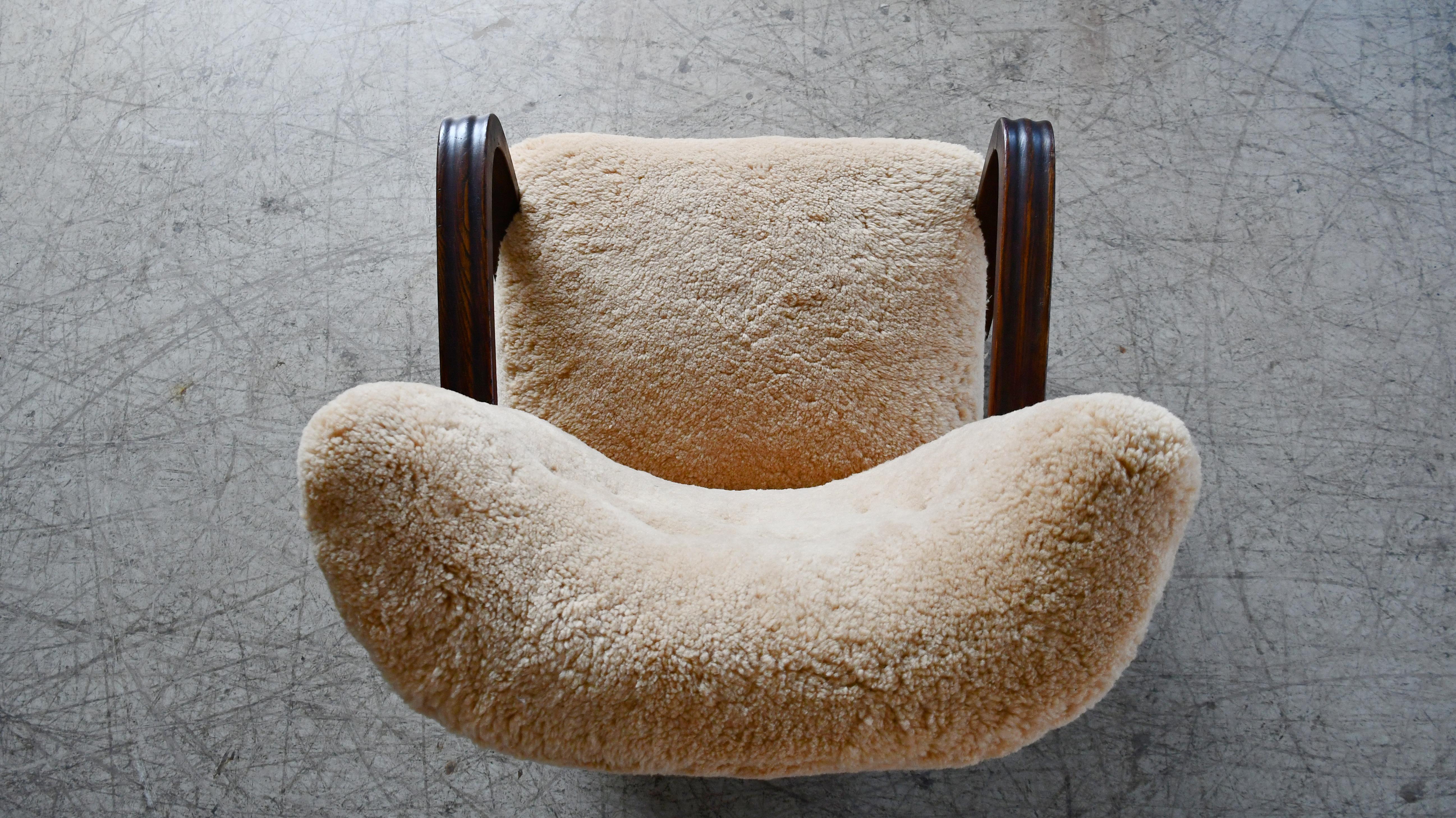 Danish 1940's Easy Lounge Chair with Amber Shearling and Wooden Armrests For Sale 1