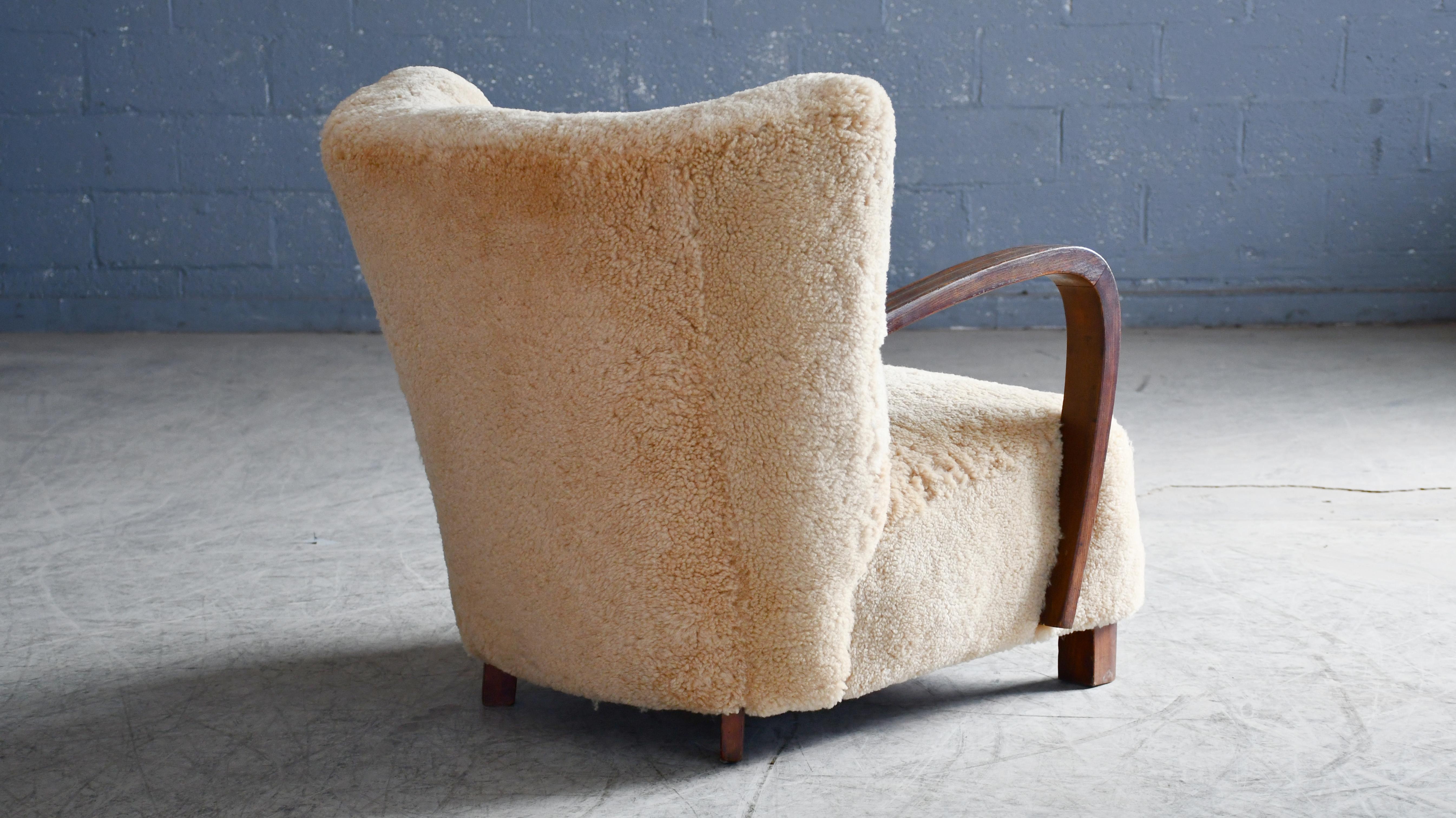 Danish 1940's Easy Lounge Chair with Amber Shearling and Wooden Armrests For Sale 2