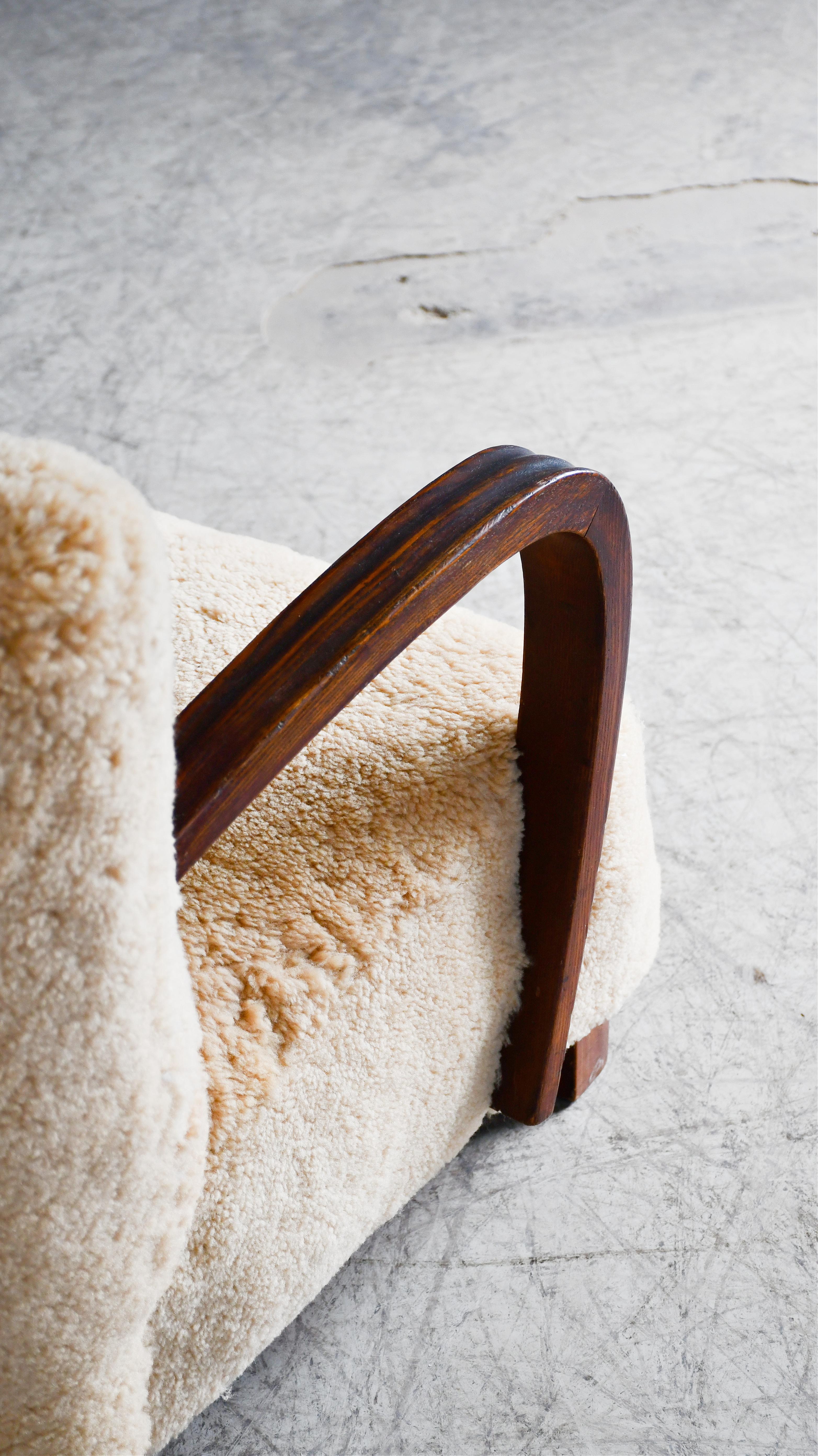 Danish 1940's Easy Lounge Chair with Amber Shearling and Wooden Armrests For Sale 3