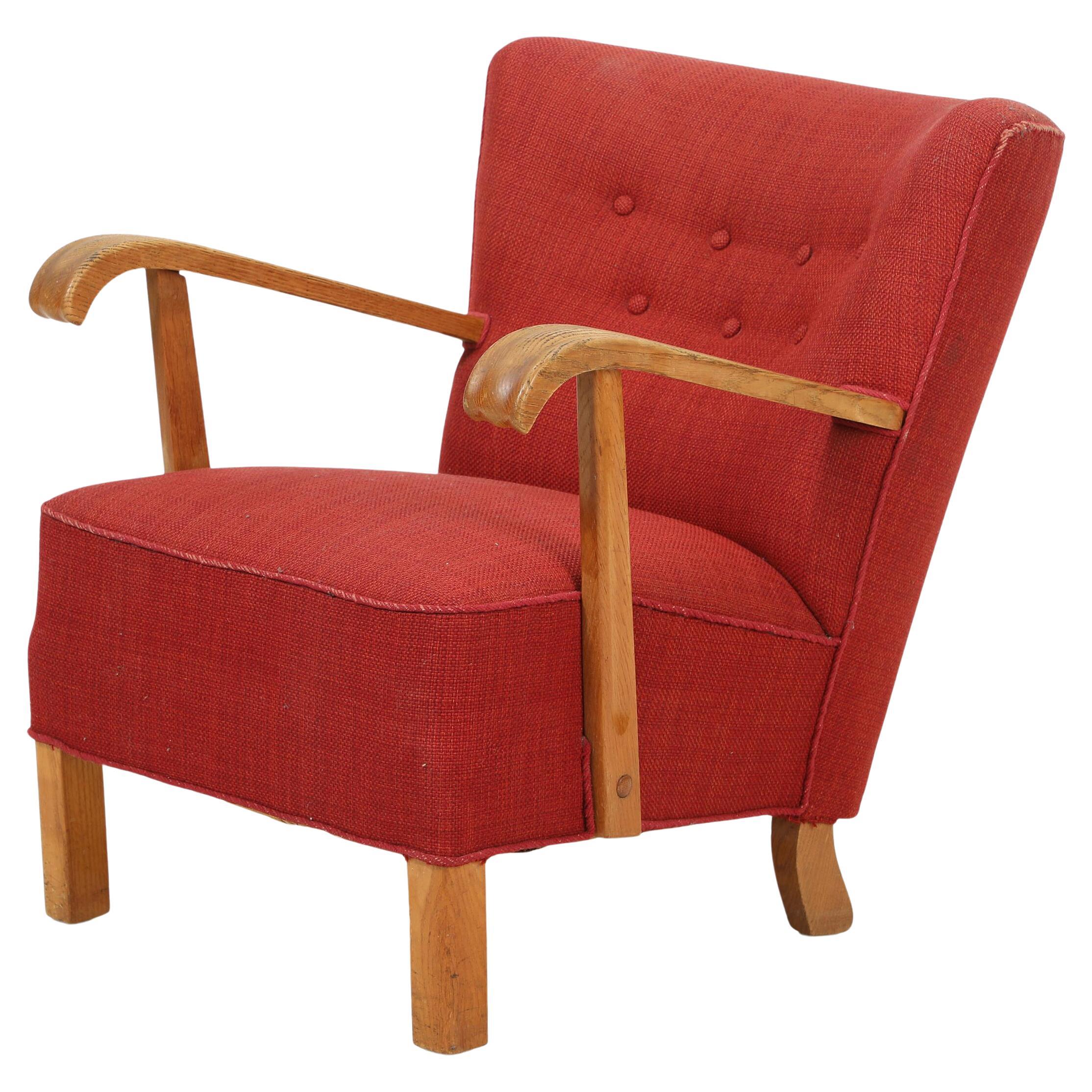 Danish 1940
s Easy Lounge or Club Chair with Oak Armrests