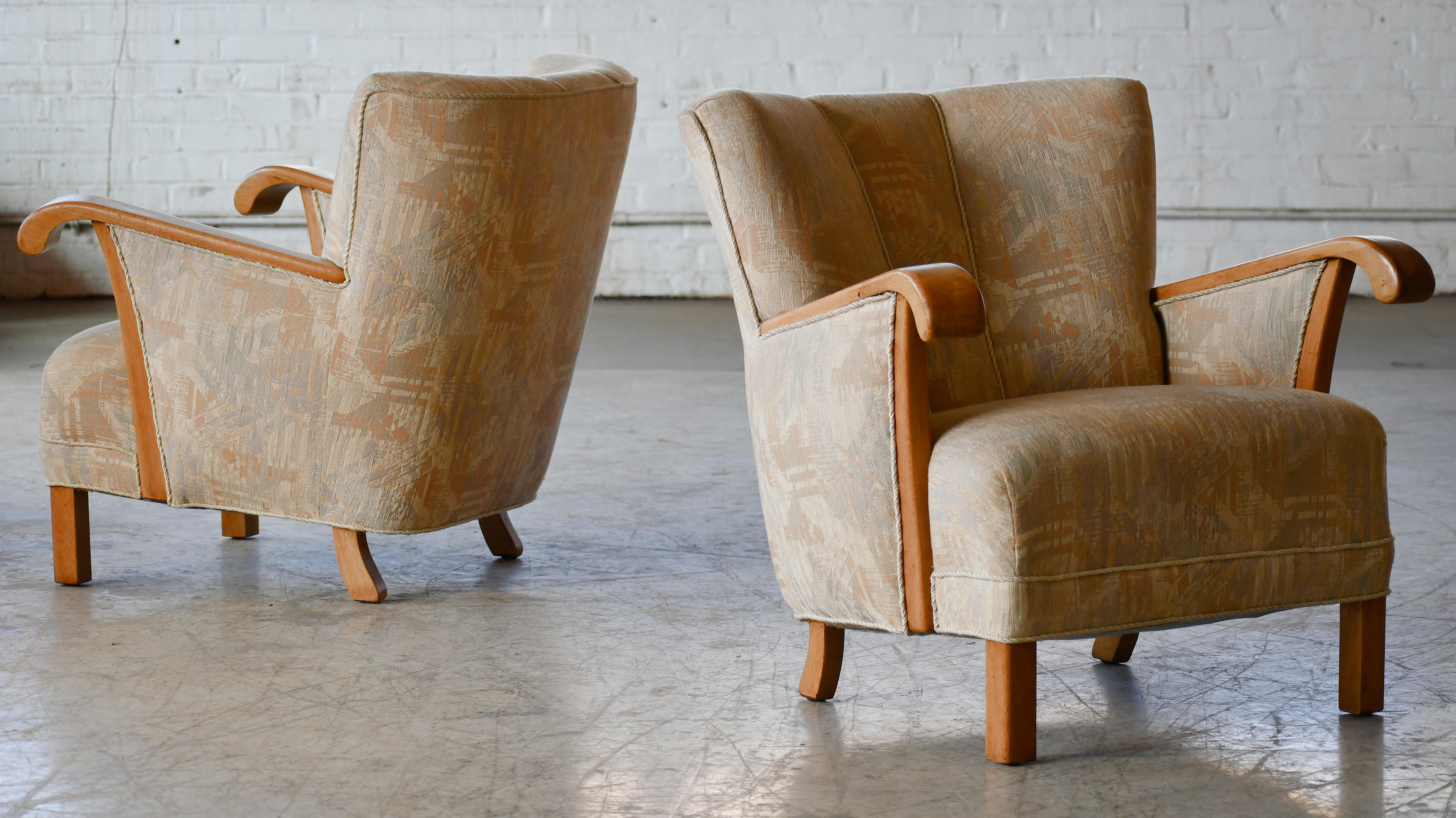 Mid-Century Modern Danish 1940's Easy Lounge or Club Chairs with Oak Armrests 