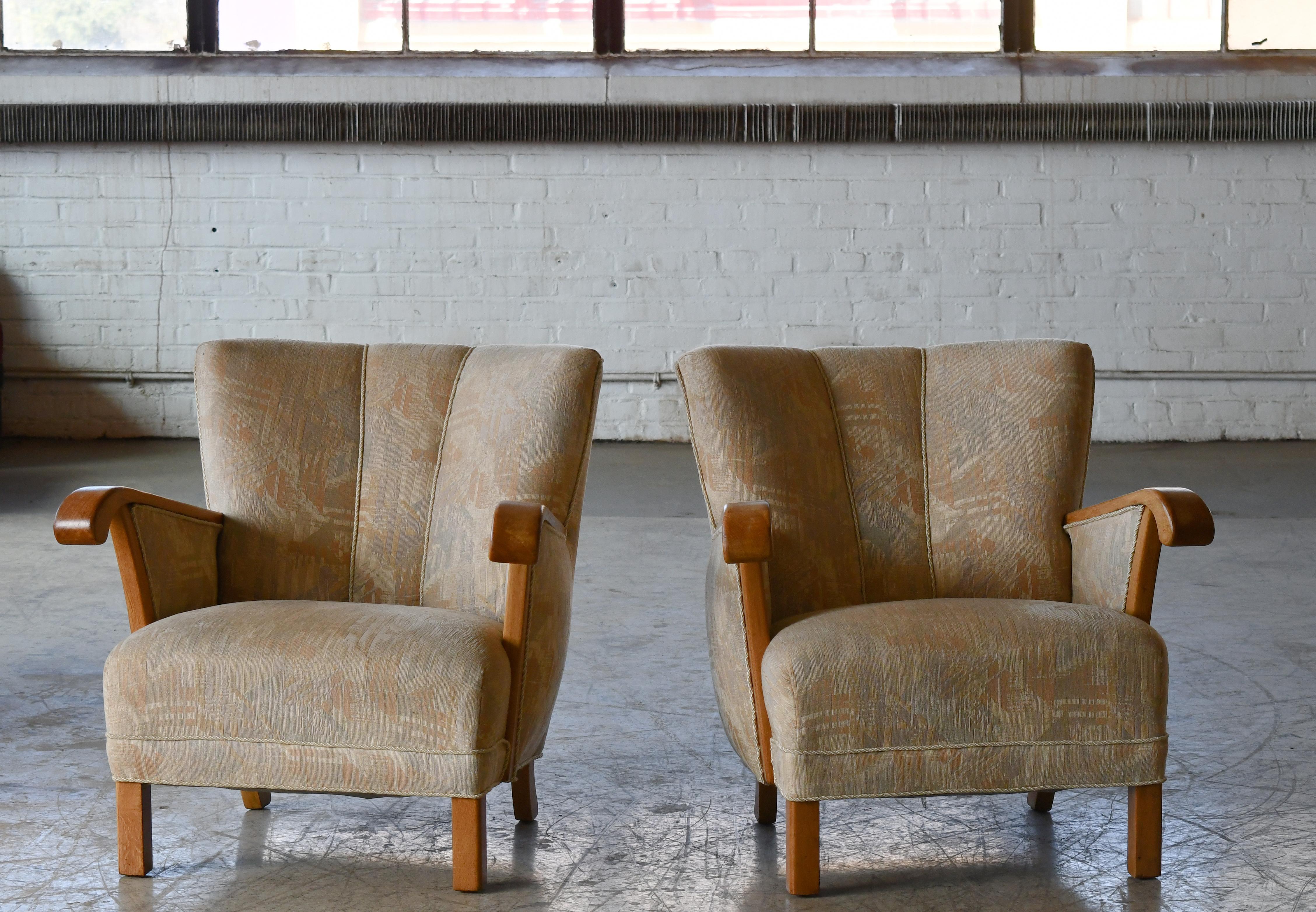 Wool Danish 1940's Easy Lounge or Club Chairs with Oak Armrests 
