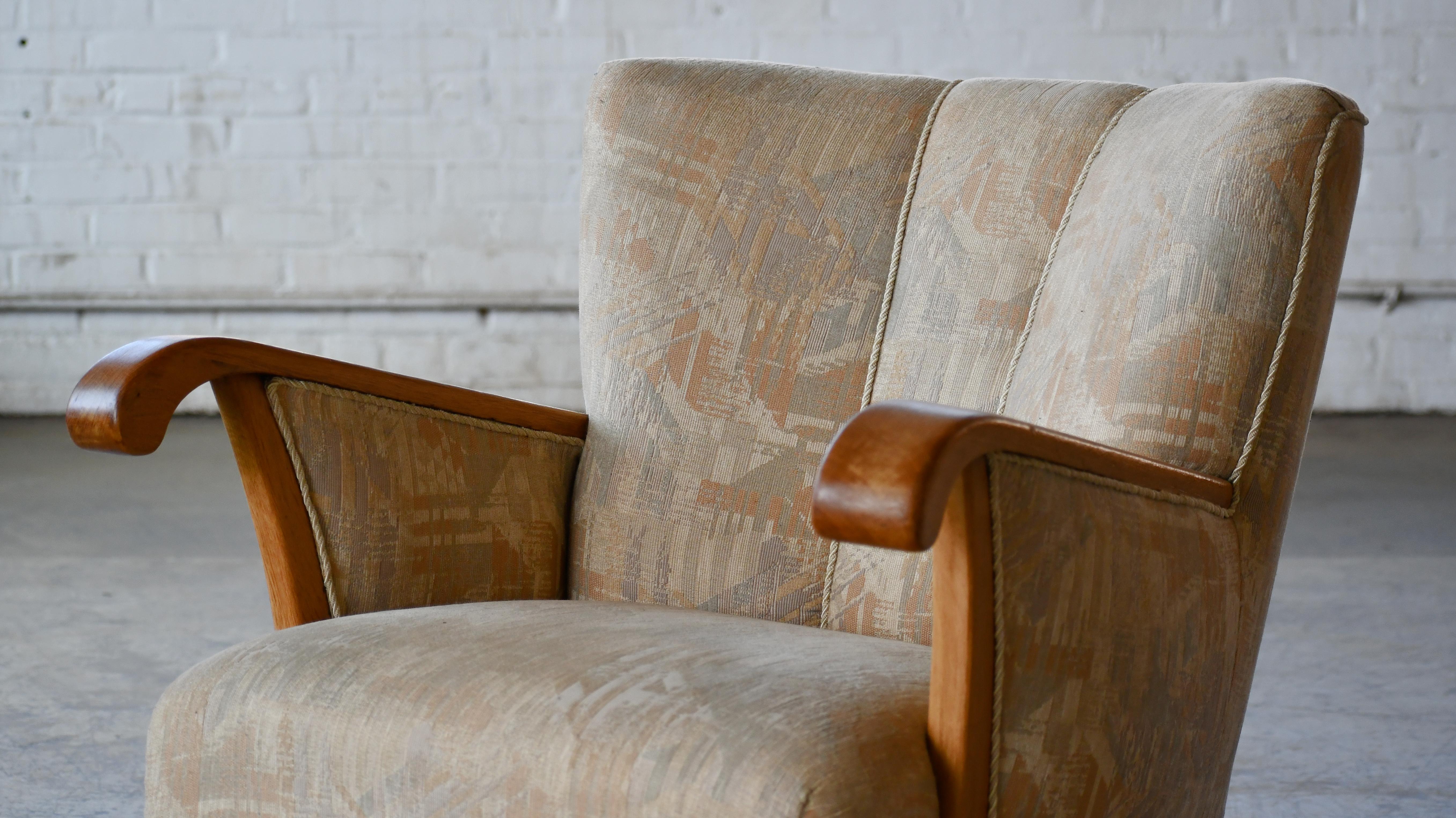 Danish 1940's Easy Lounge or Club Chairs with Oak Armrests  1