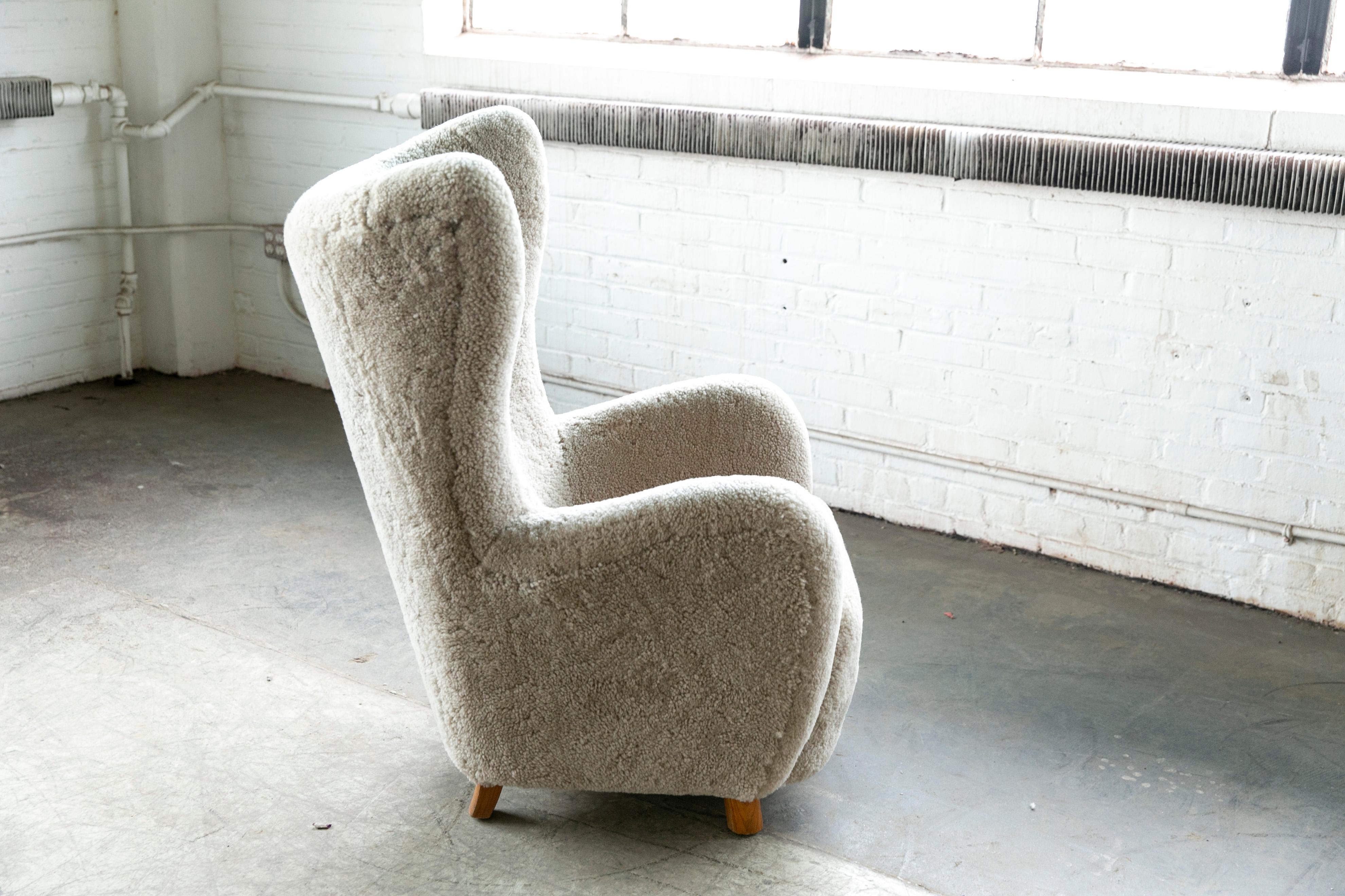 Mid-Century Modern Danish 1940s Flemming Lassen Attributed High Back Lounge Chair in Shearling For Sale