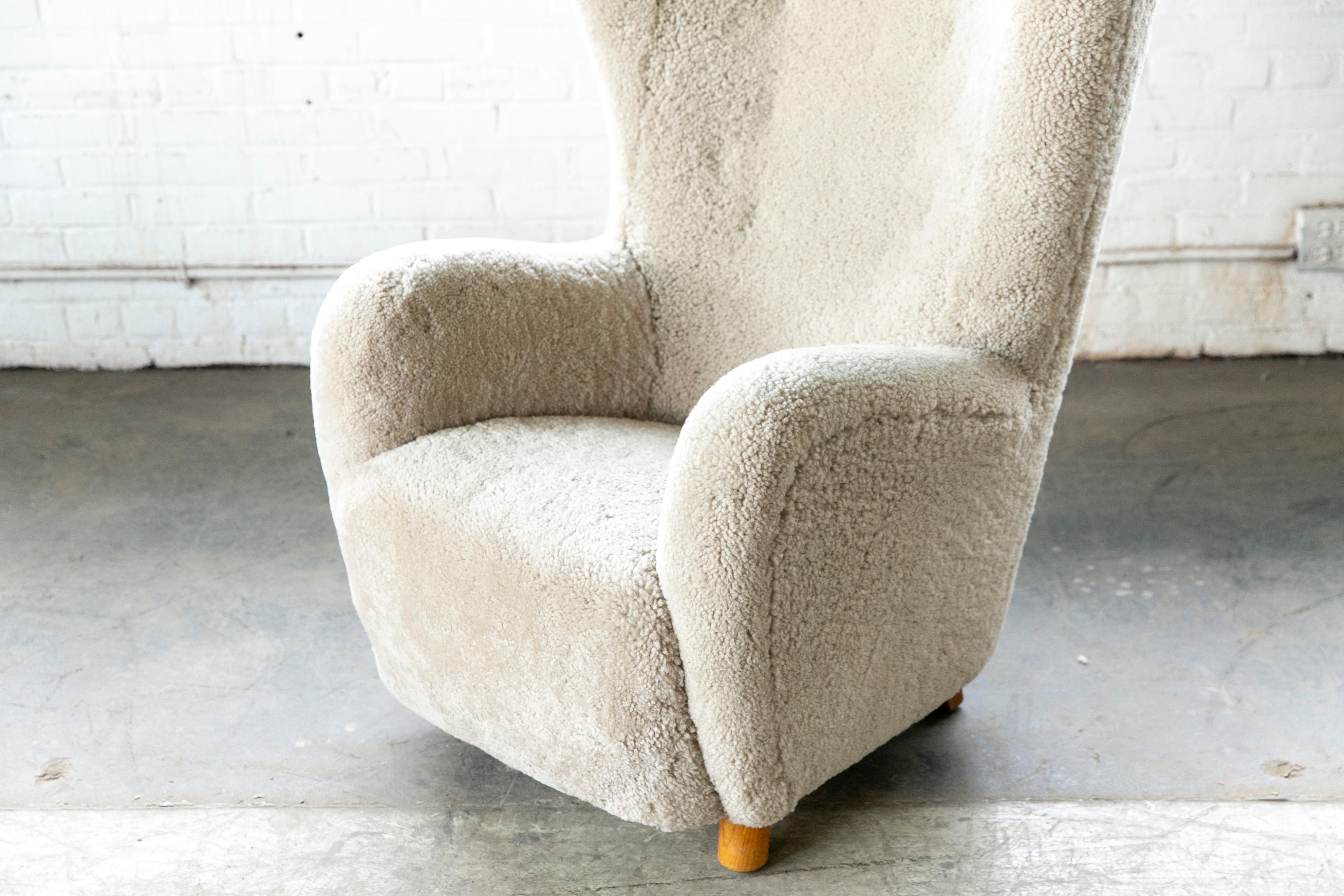 Mid-20th Century Danish 1940s Flemming Lassen Attributed High Back Lounge Chair in Shearling For Sale