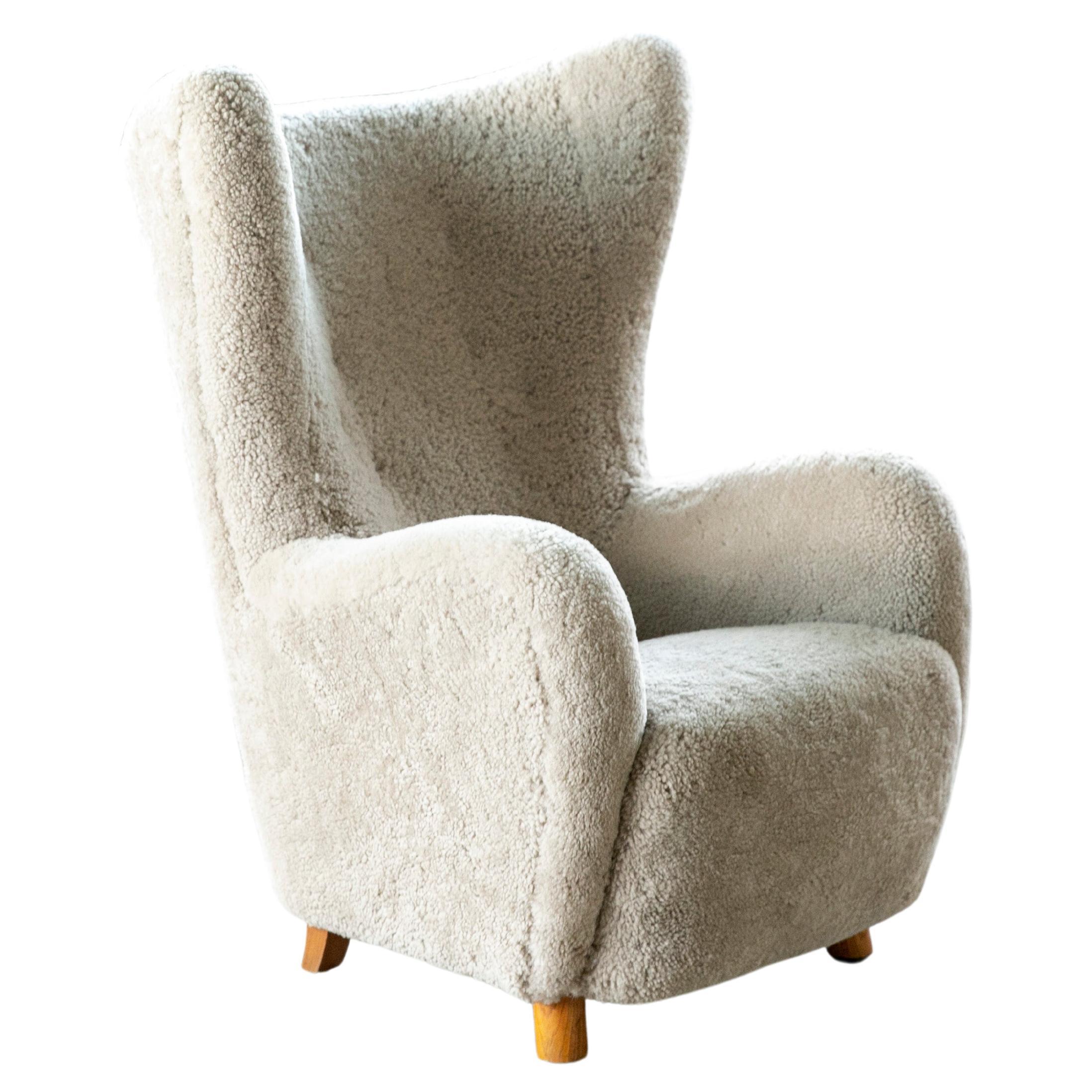 Danish 1940s Flemming Lassen Attributed High Back Lounge Chair in Shearling