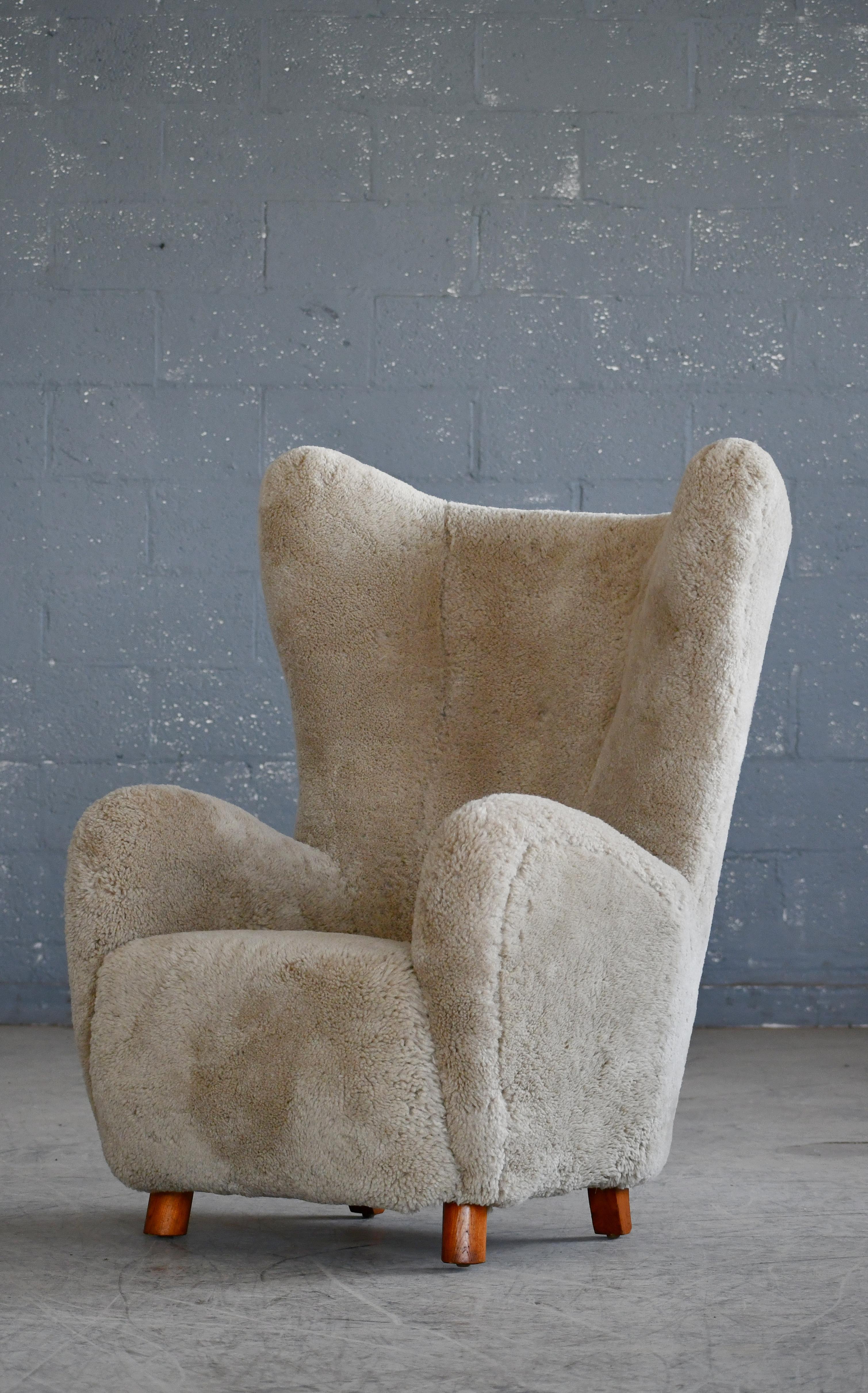Wool Danish 1940s Flemming Lassen High Back Lounge Chair in Grey Shearling  For Sale