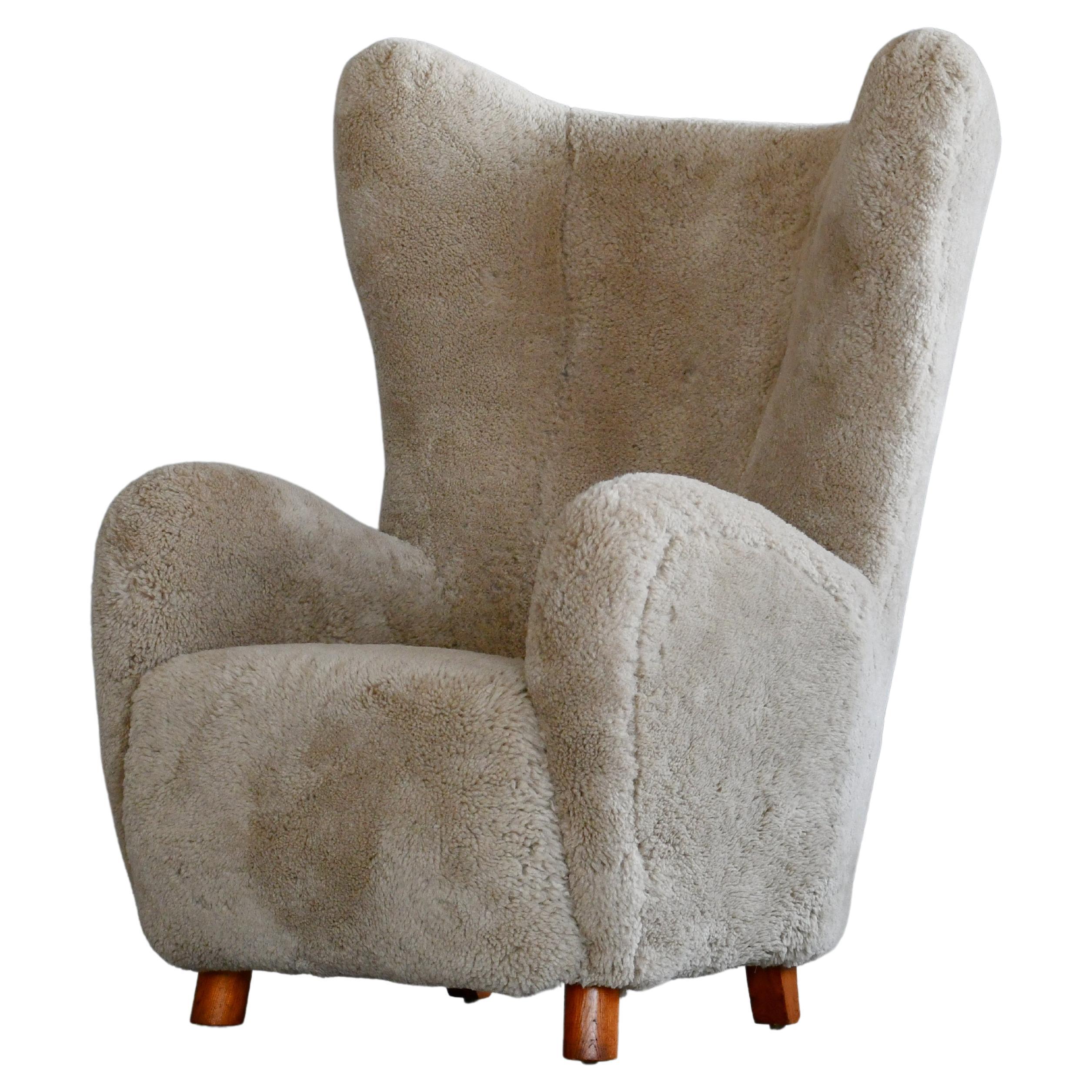 Danish 1940s Flemming Lassen High Back Lounge Chair in Grey Shearling  For Sale