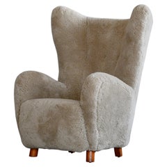Vintage Danish 1940s Flemming Lassen High Back Lounge Chair in Grey Shearling 