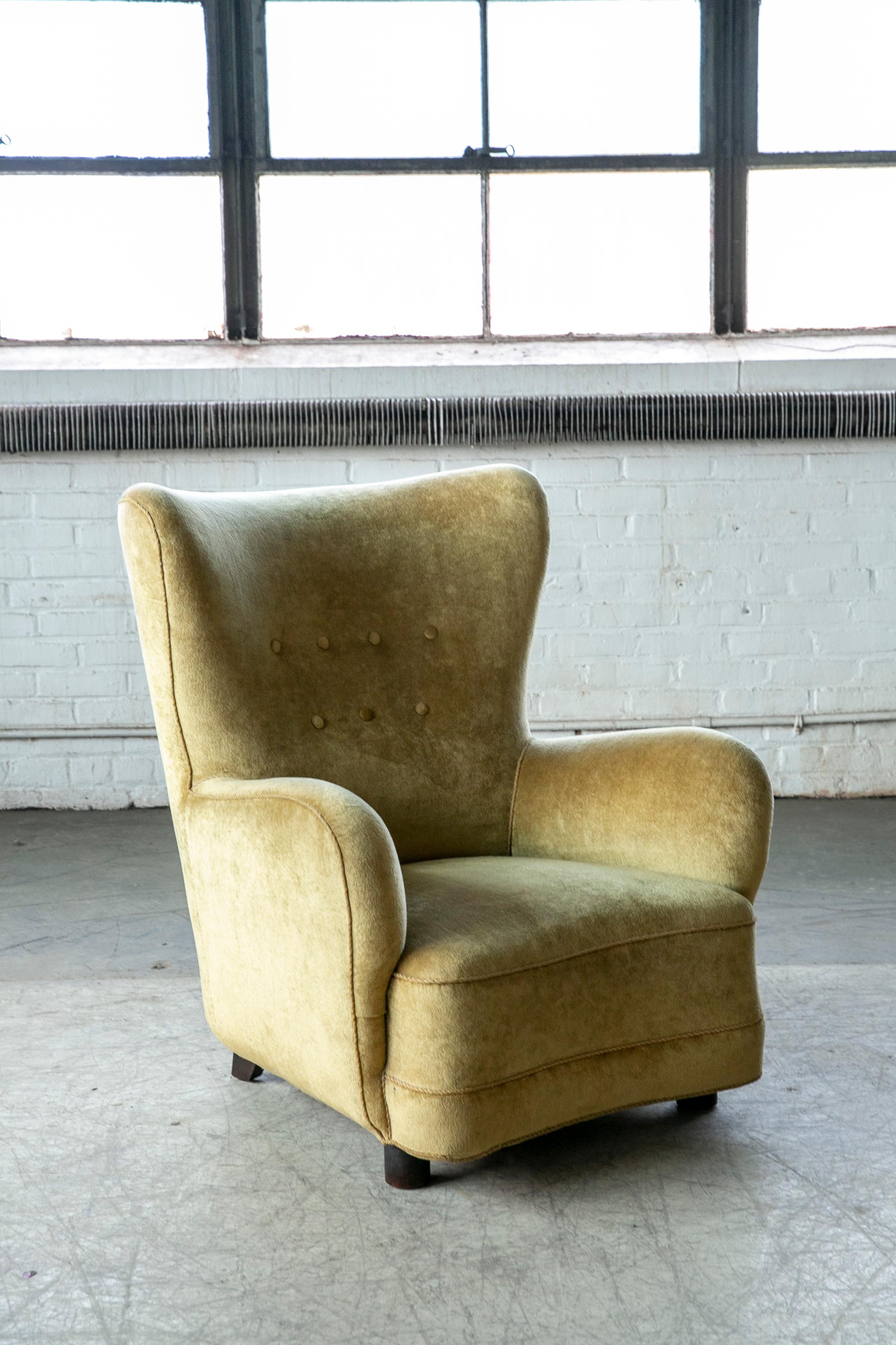 Mid-Century Modern Danish, 1940s, Flemming Lassen Style High Back Lounge Chair in Mohair
