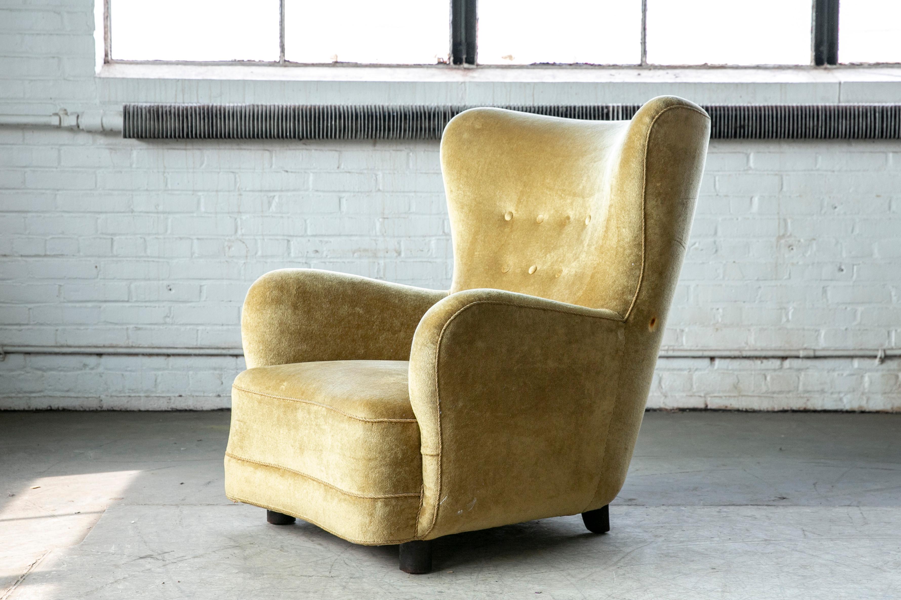 Mid-20th Century Danish, 1940s, Flemming Lassen Style High Back Lounge Chair in Mohair