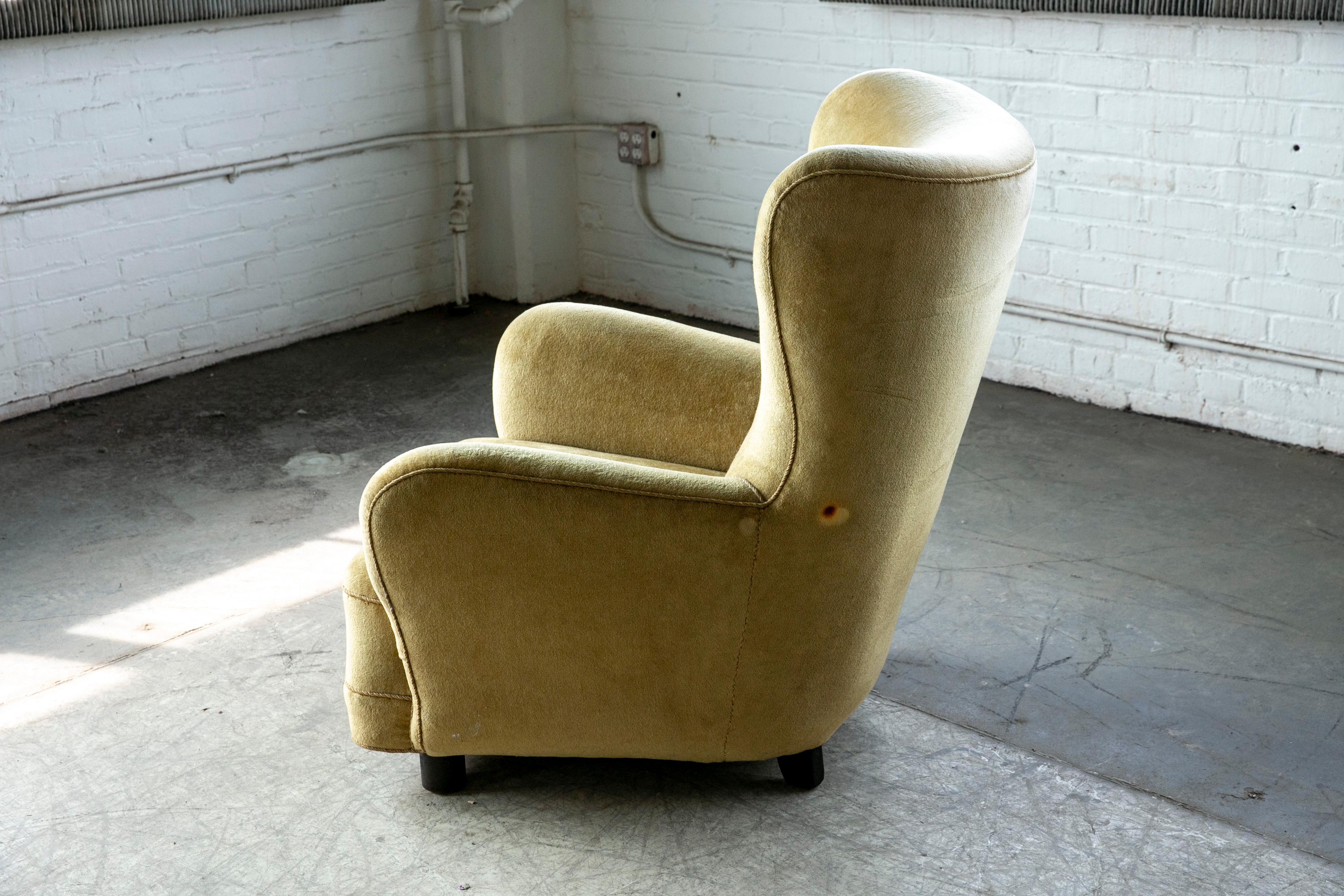 Wool Danish, 1940s, Flemming Lassen Style High Back Lounge Chair in Mohair