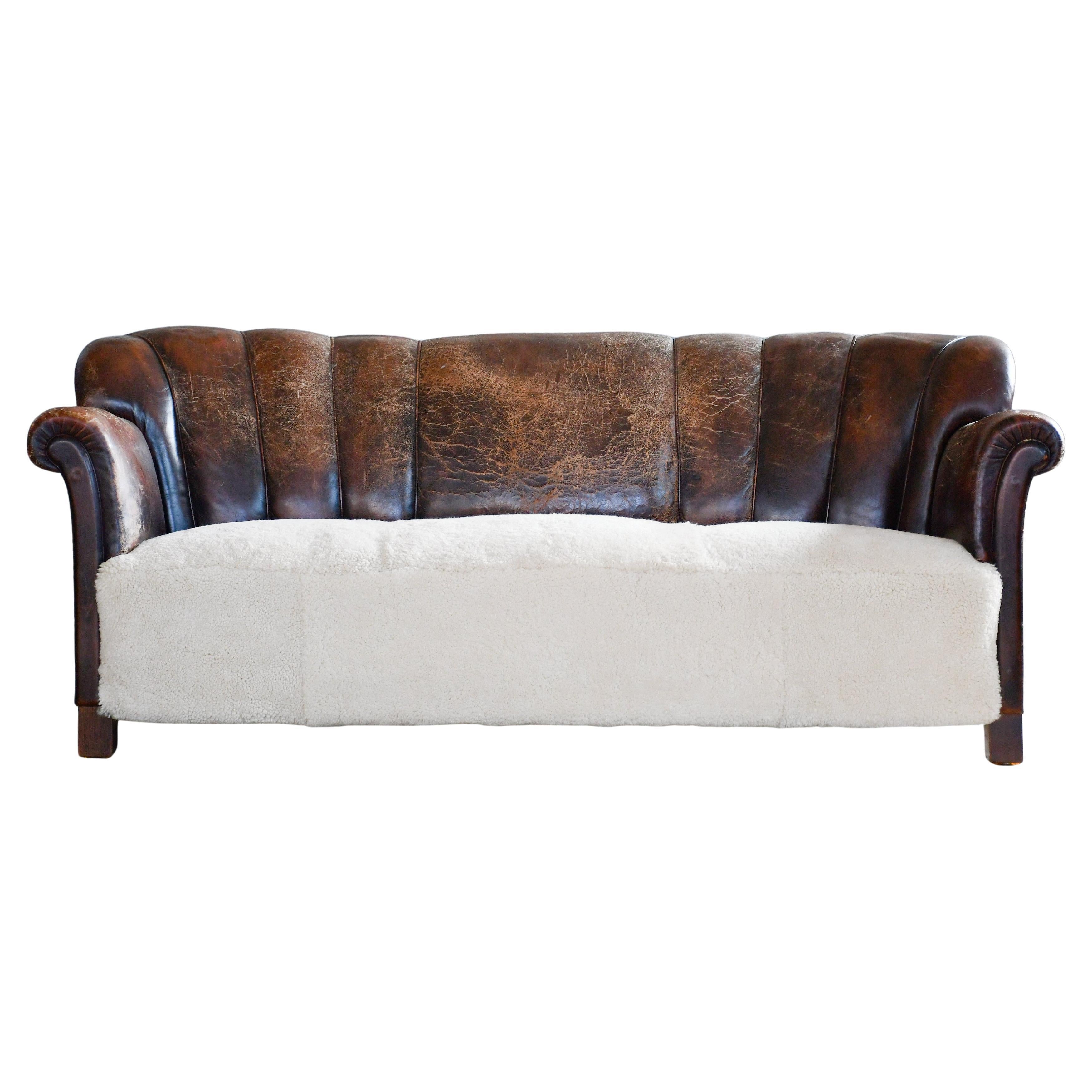 Danish 1940's Fritz Hansen Leather Sofa with New Sheepskin Seat