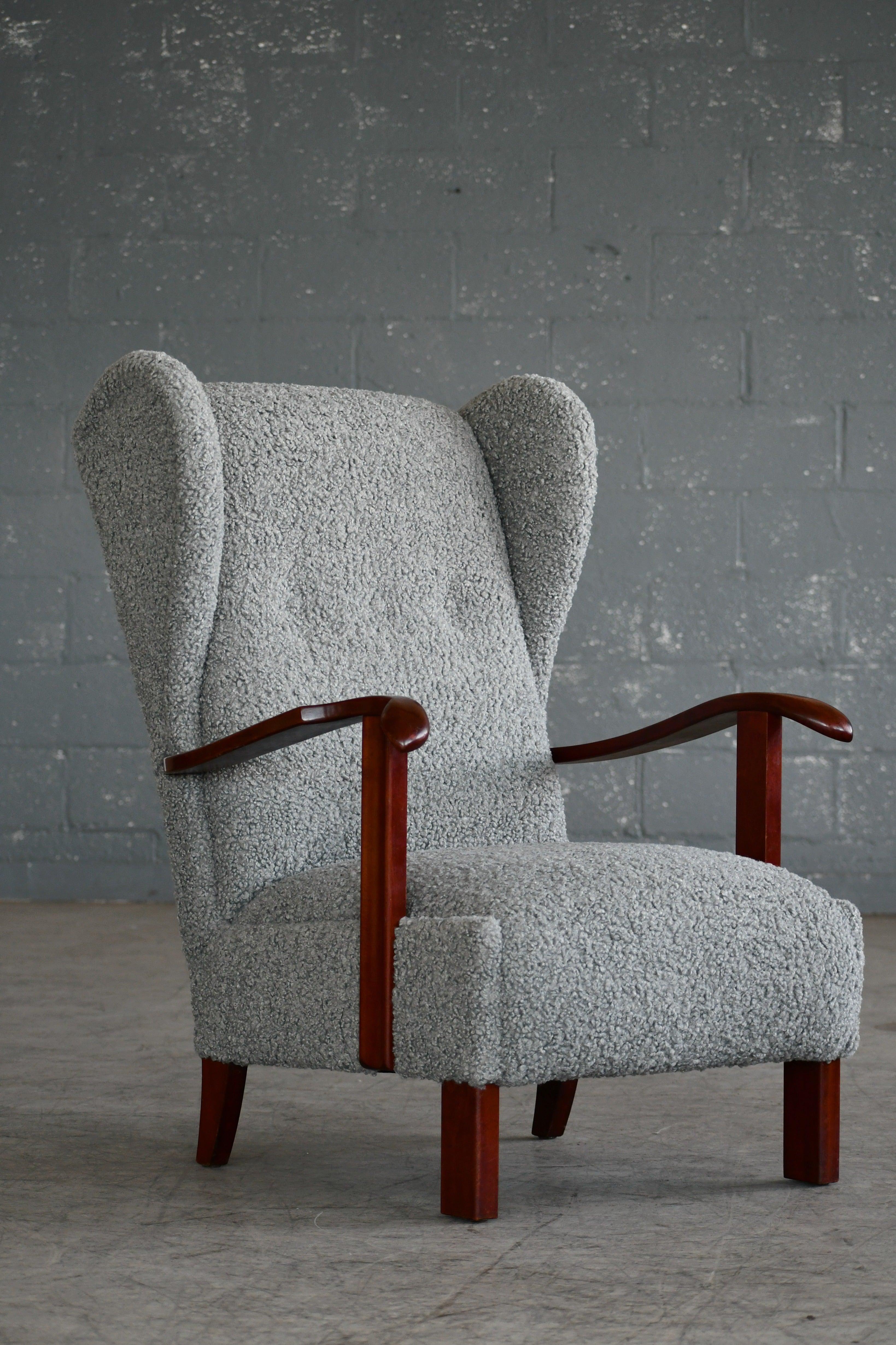 Danish 1940s Fritz Hansen Model 1582 Wingback Lounge Chair in Grey Boucle 6