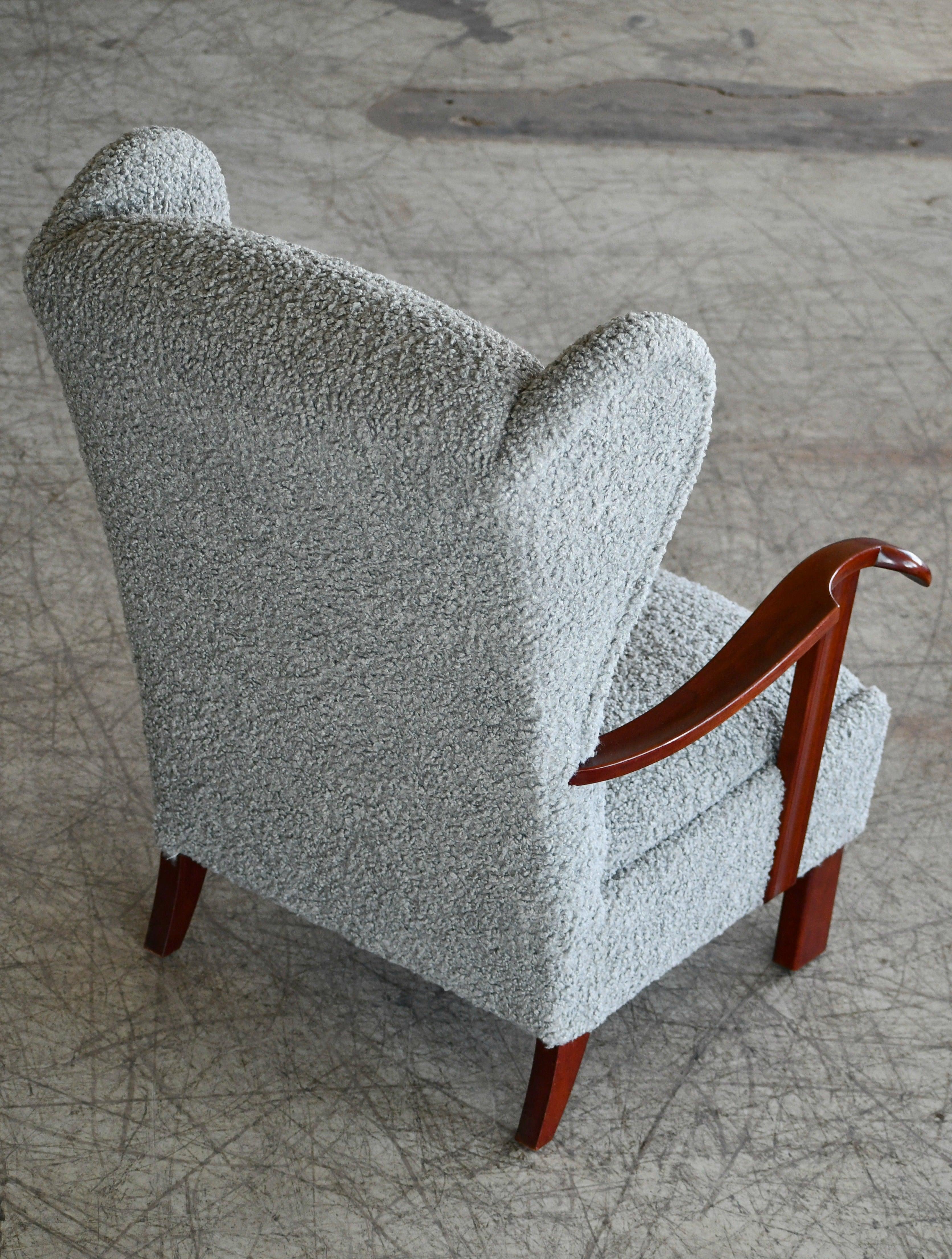 Danish 1940s Fritz Hansen Model 1582 Wingback Lounge Chair in Grey Boucle 8