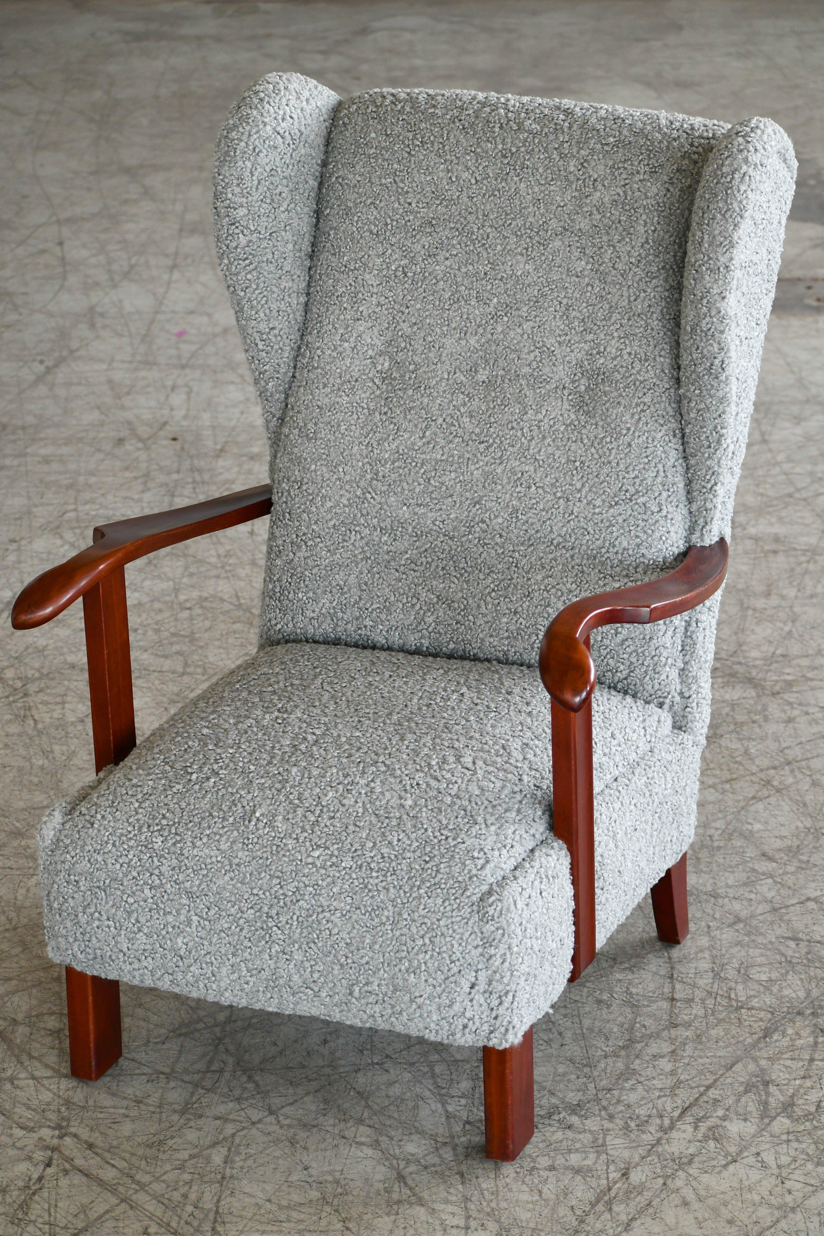 Mid-20th Century Danish 1940s Fritz Hansen Model 1582 Wingback Lounge Chair in Grey Boucle