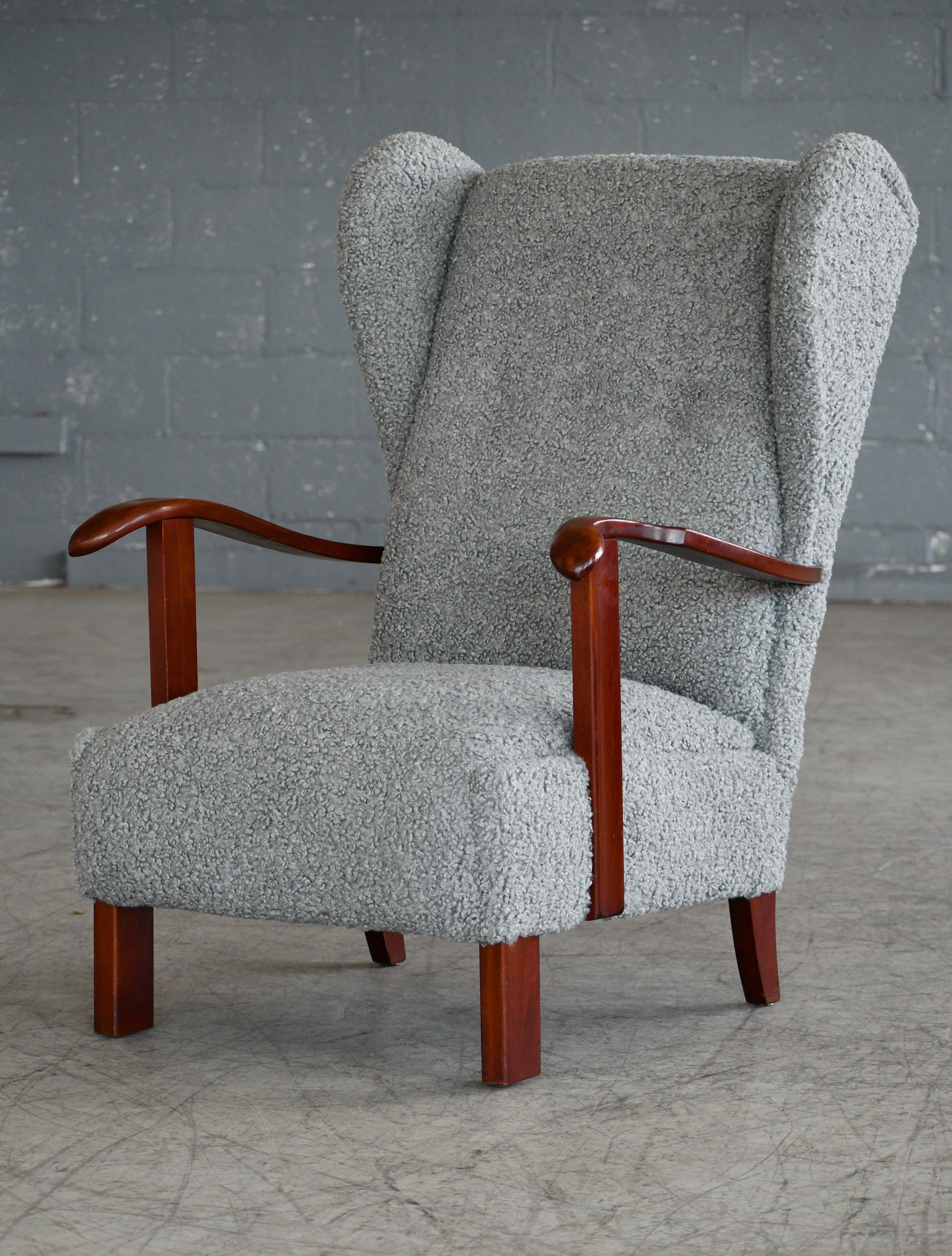 Beech Danish 1940s Fritz Hansen Model 1582 Wingback Lounge Chair in Grey Boucle