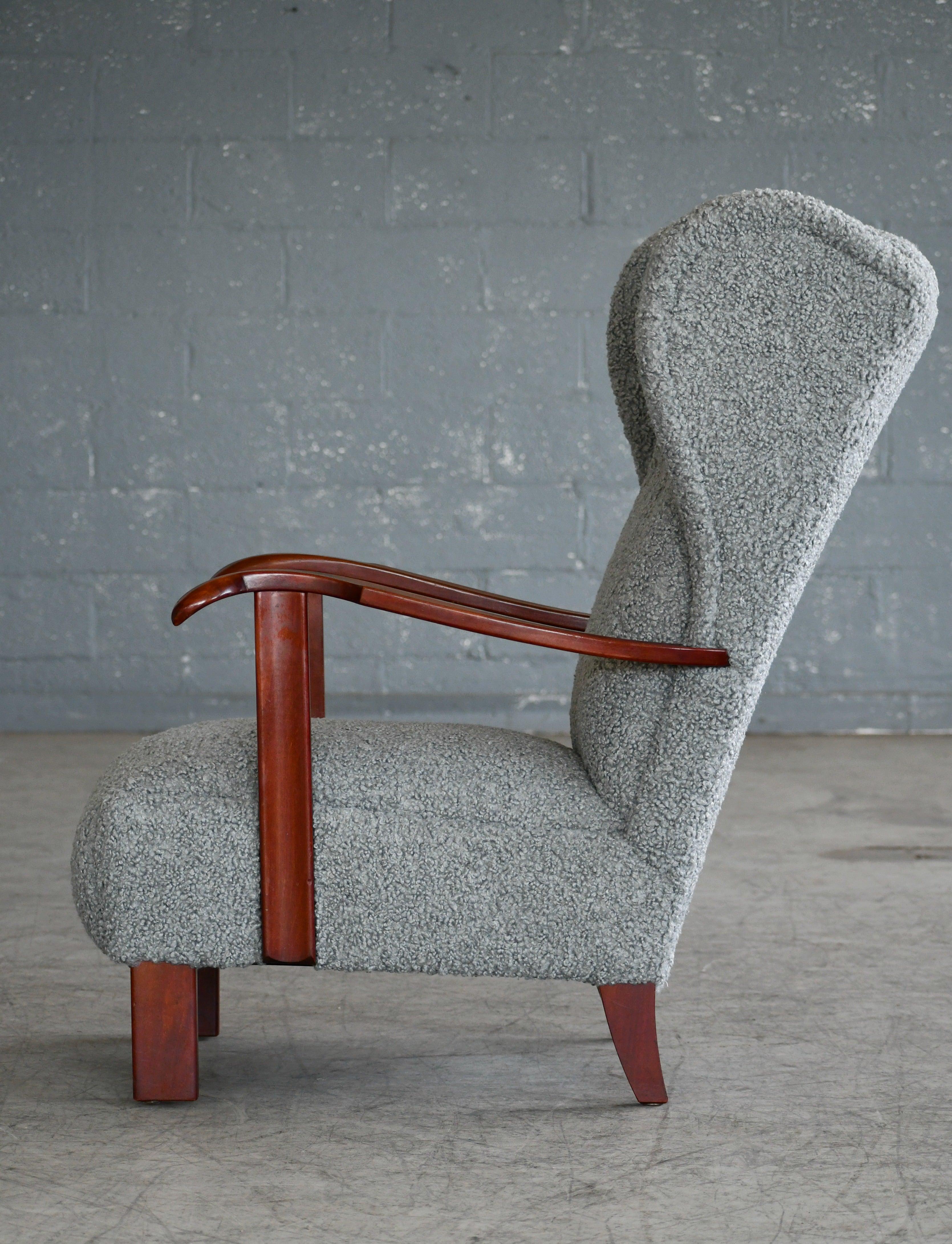 Danish 1940s Fritz Hansen Model 1582 Wingback Lounge Chair in Grey Boucle 1