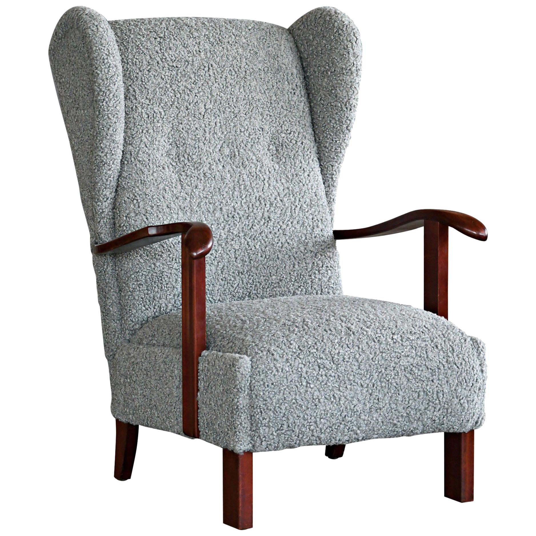 Danish 1940s Fritz Hansen Model 1582 Wingback Lounge Chair in Grey Boucle